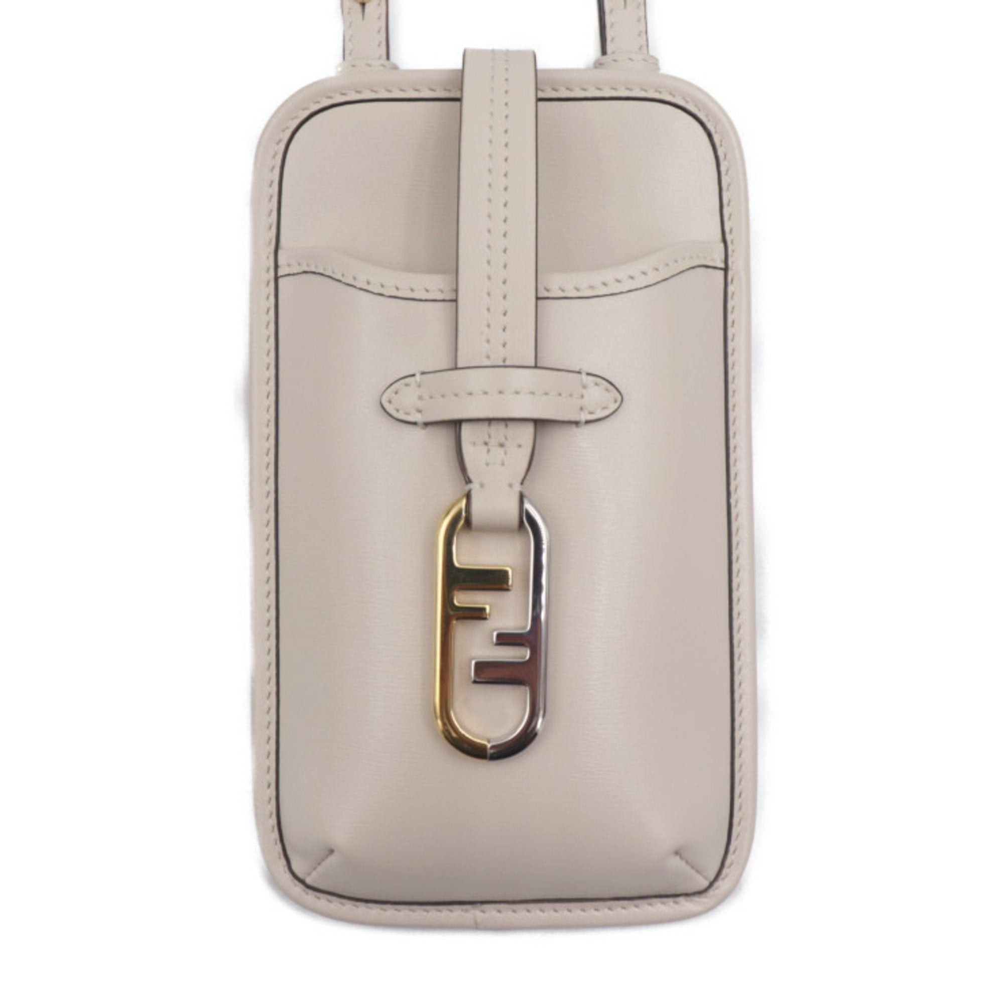 image of Fendi Phone Pouch Orlock Shoulder Bag 7As131 Calf Leather Beige Mobile Case Pochette Smartphone in 