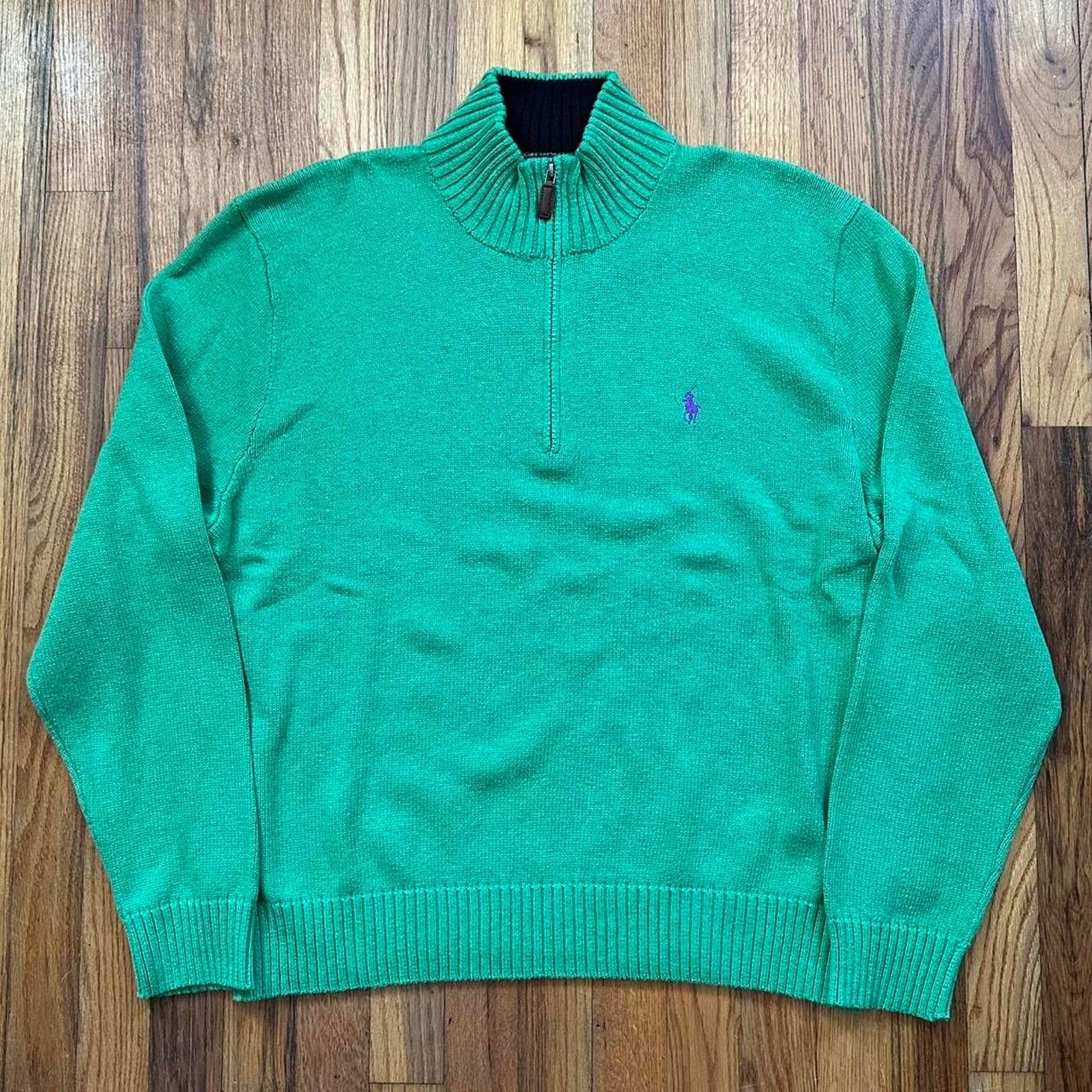 Polo Ralph Lauren × Vintage Polo Ralph Lauren Zip Sweater Purple Pony Leather Zipper XL Size US XL / EU 56 / 4 - 1 Thumbnail