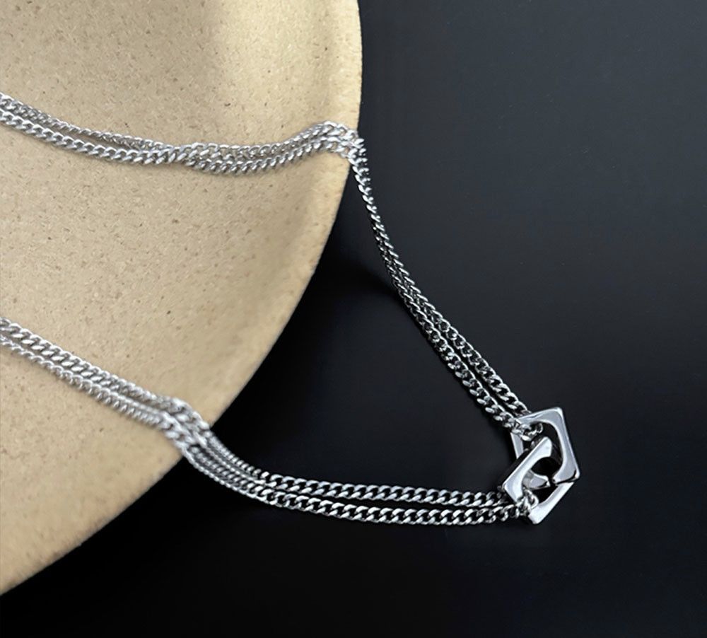 Jewelry 45cm Trend Double Block Lock Titanium Steel Necklace Size ONE SIZE - 2 Thumbnail