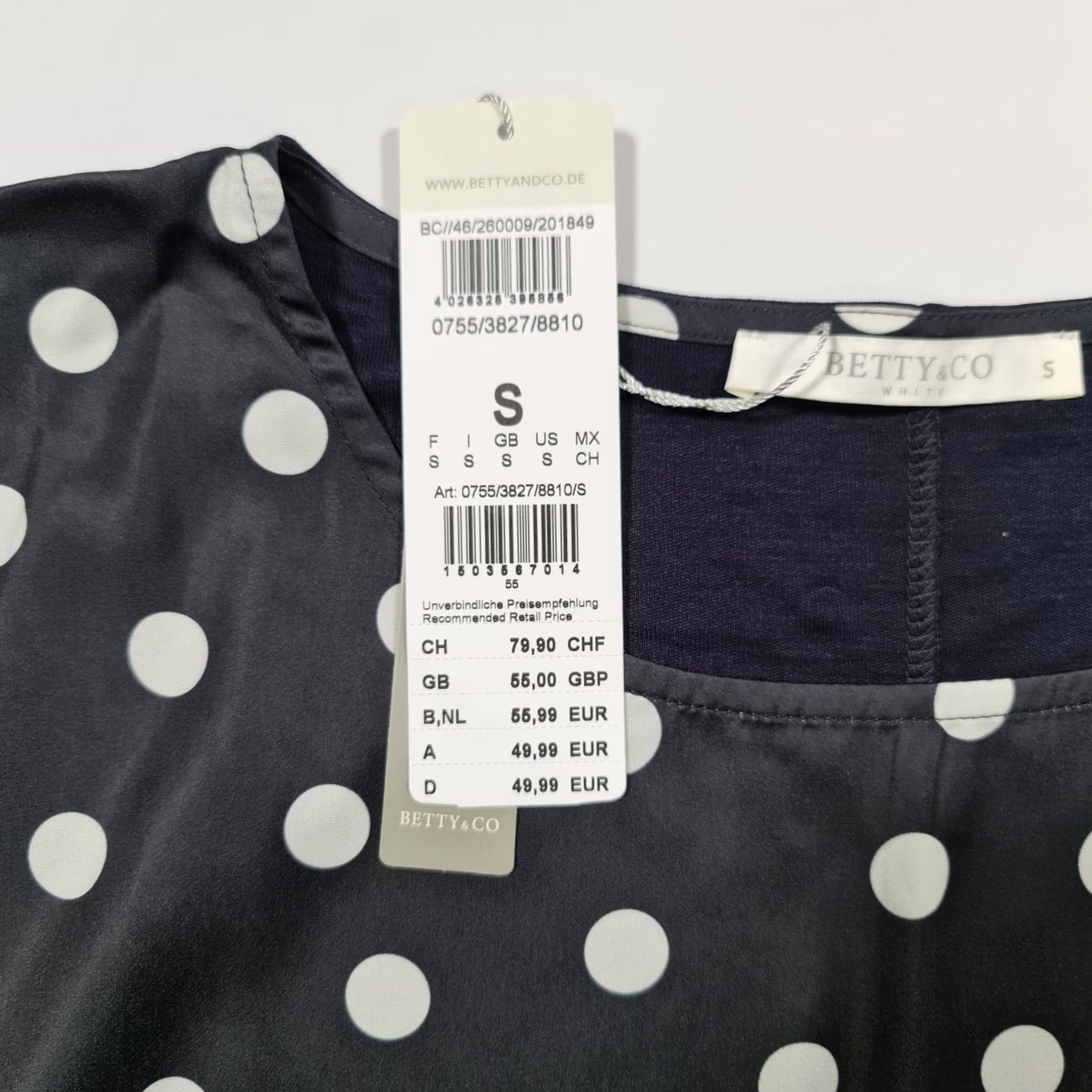 CO Betty & CO Womens Top Navy Blue Small Polka dot 3/4 Sleeves Tee Ladies 10 UK Size S / US 4 / IT 40 - 3 Thumbnail