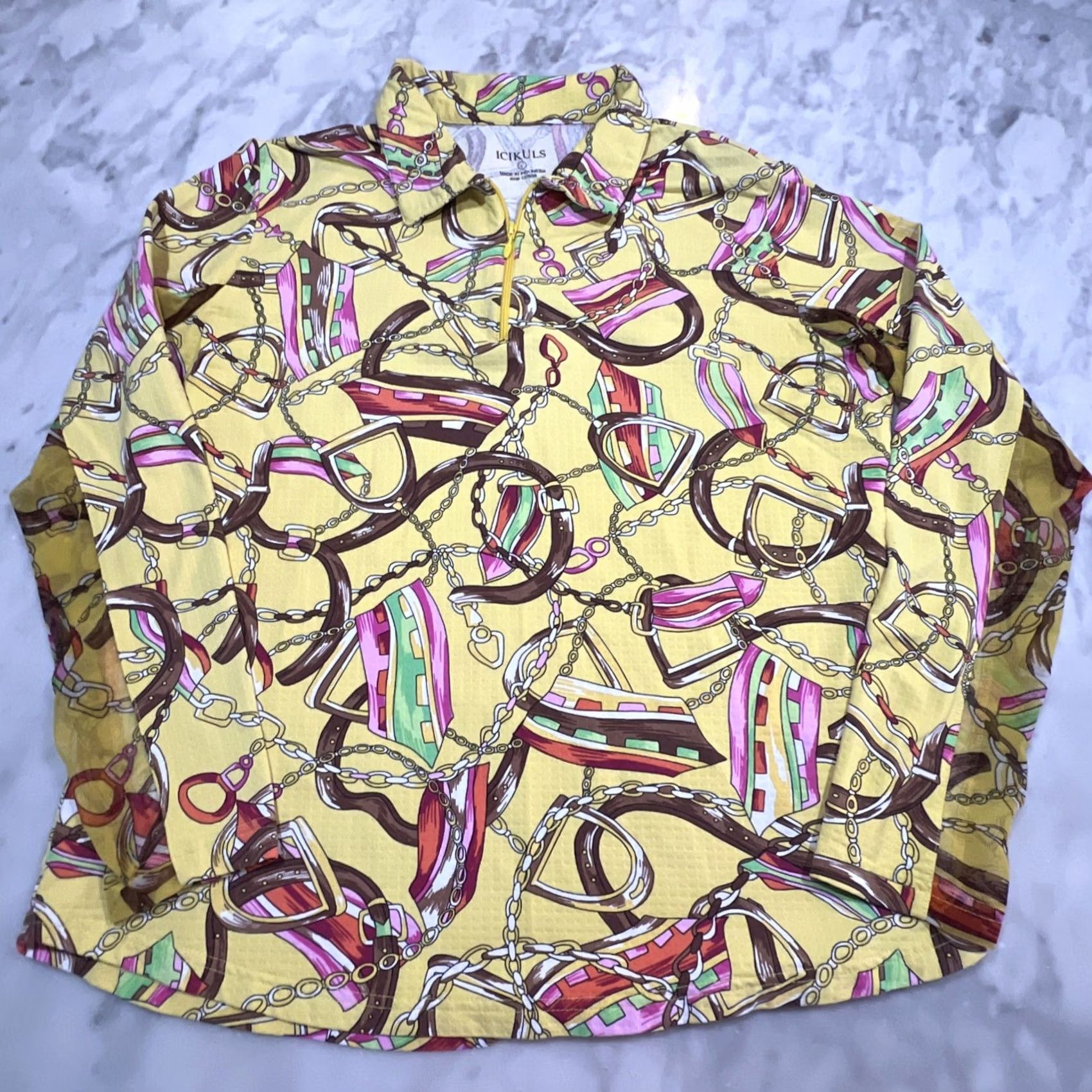 Vintage Icikuls Shirt Womens Large Yellow Quarter Zip Equestrian Horse Western Vented Size L / US 10 / IT 46 - 2 Thumbnail