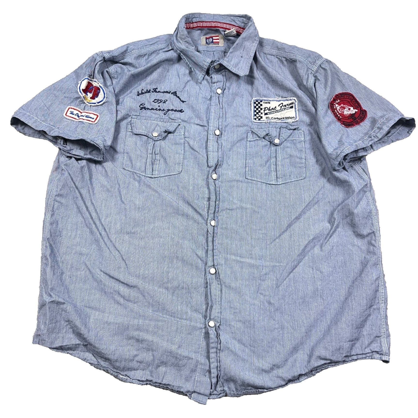 Phat Farm VINTAGE Phat Farm Shirt Men 2XL Blue Button-Up Short Sleeve Biker Motorcycle Club Embroidered Logo Stripe Pattern Classic Top Sportswear Size US XXL / EU 58 / 5 - 2 Thumbnail