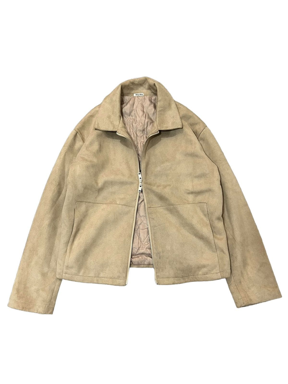 image of Miu Miu Bi-Directional Zip Up Jacket Suede in Tan, Men's (Size Medium)