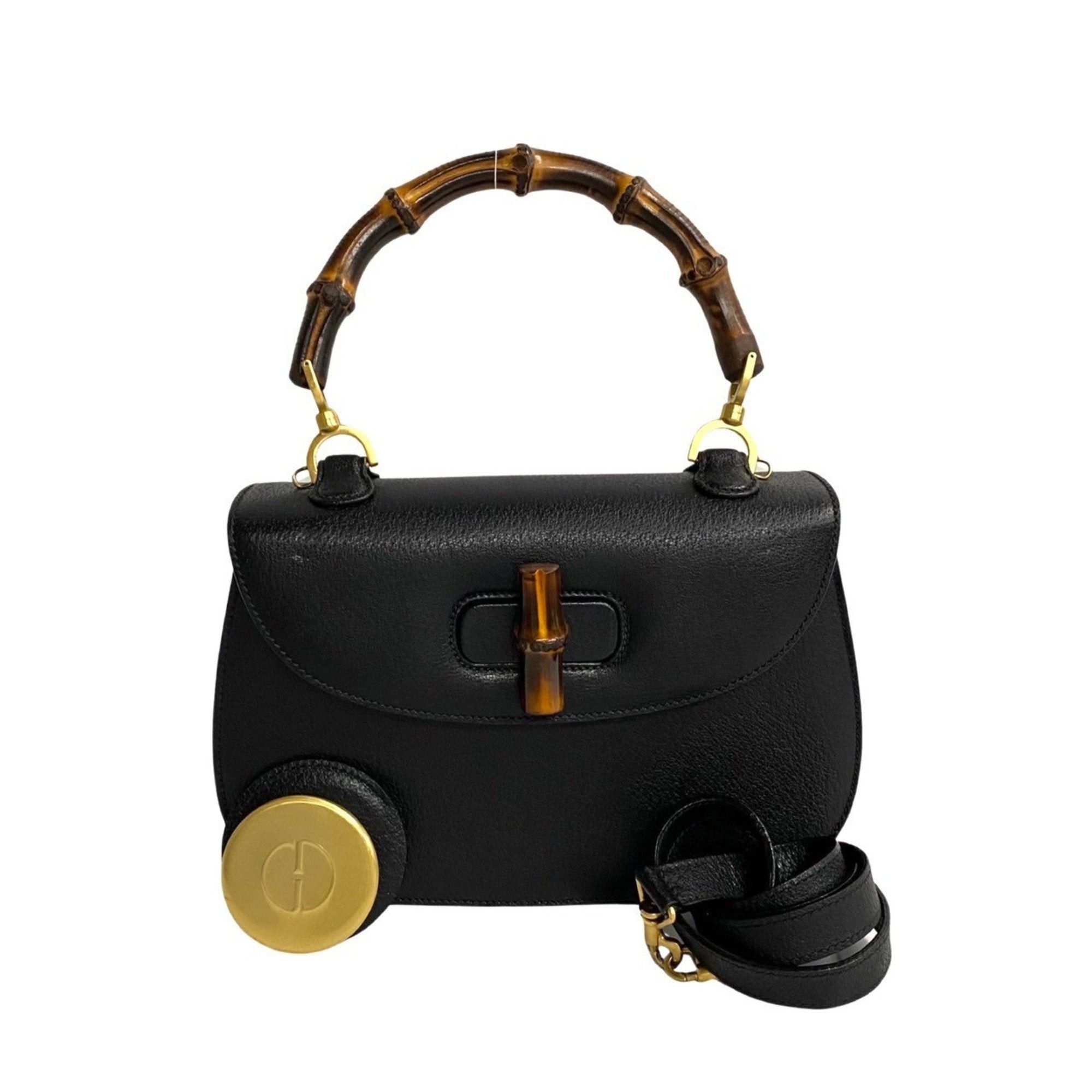 image of Gucci Old Bamboo Turnlock Leather 2Way Handbag Shoulder Bag Black 18515, Women's