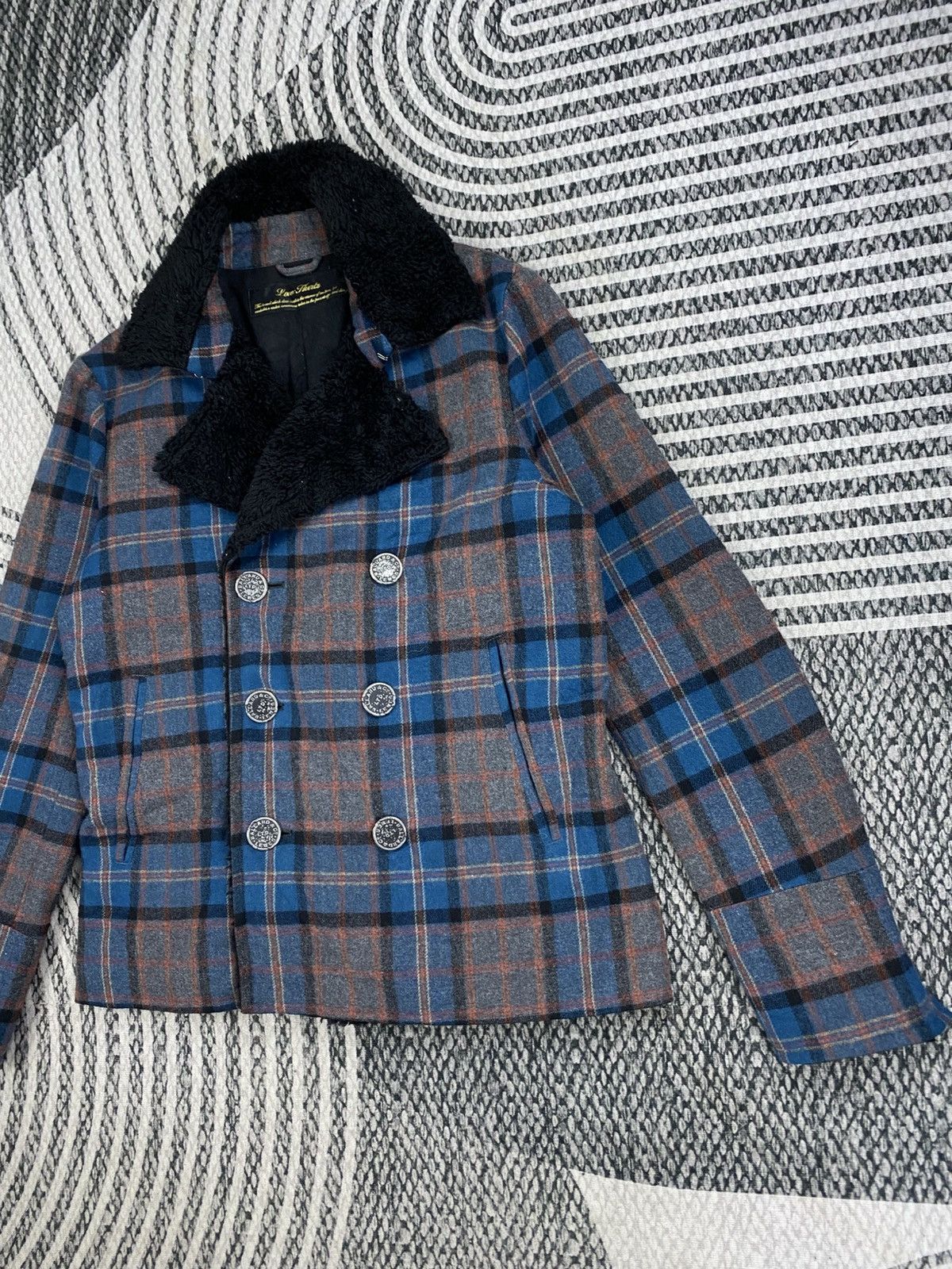 Japanese Brand Vtg Low Hurtz Blue & Grey Wool Plaid Sherpa Collar Jacket Size US M / EU 48-50 / 2 - 4 Thumbnail