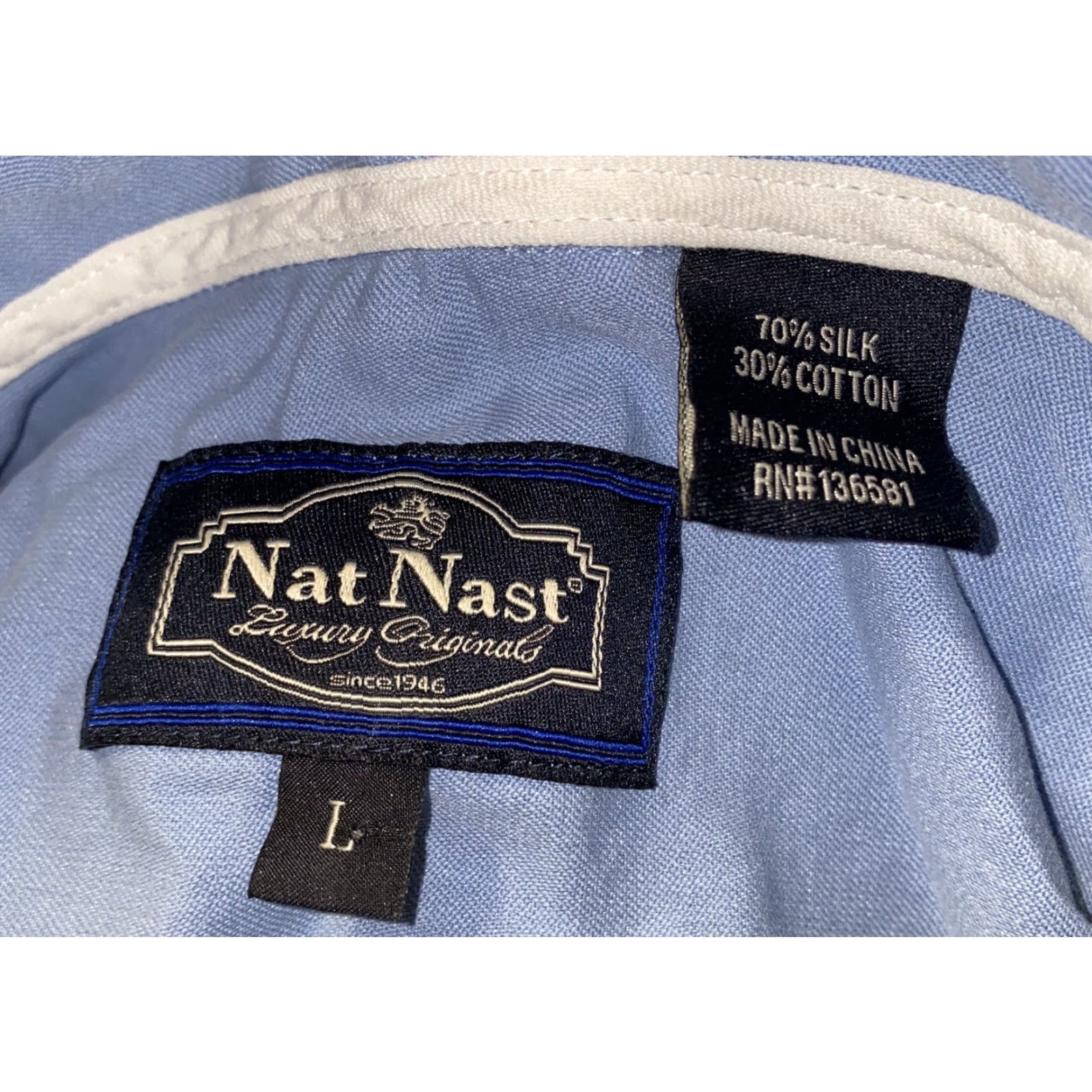 Nat Nast Nat Nast Mens Blue/White Short Sleeve Shirt L Silk/Cotton Geometric Button-Up Collared Regular Modern Colorful Shirt Size US L / EU 52-54 / 3 - 6 Thumbnail