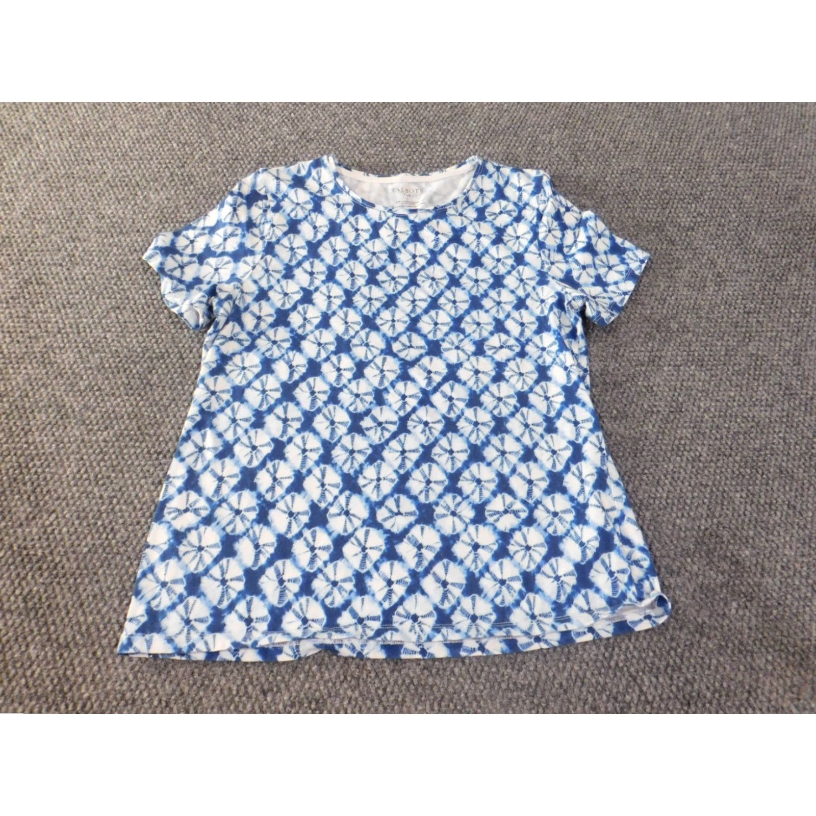 Talbots Talbots Blouse Shirt Casual Womens Cotton Spandex Geometric Short Sleeve Blue Large Round Neck Pullover Classic Stretch Size L / US 10 / IT 46 - 3 Thumbnail