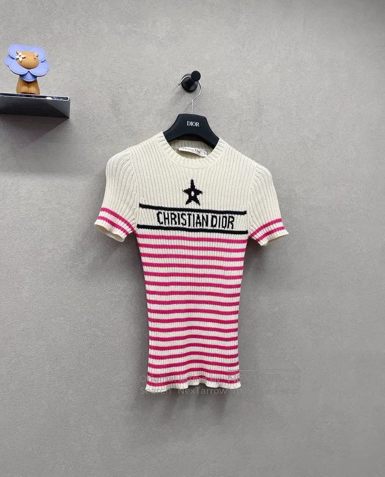 Dior Dior Pink and white striped jacquard knitted short sleeves Size XXS / US 00 / IT 34 - 3 Thumbnail