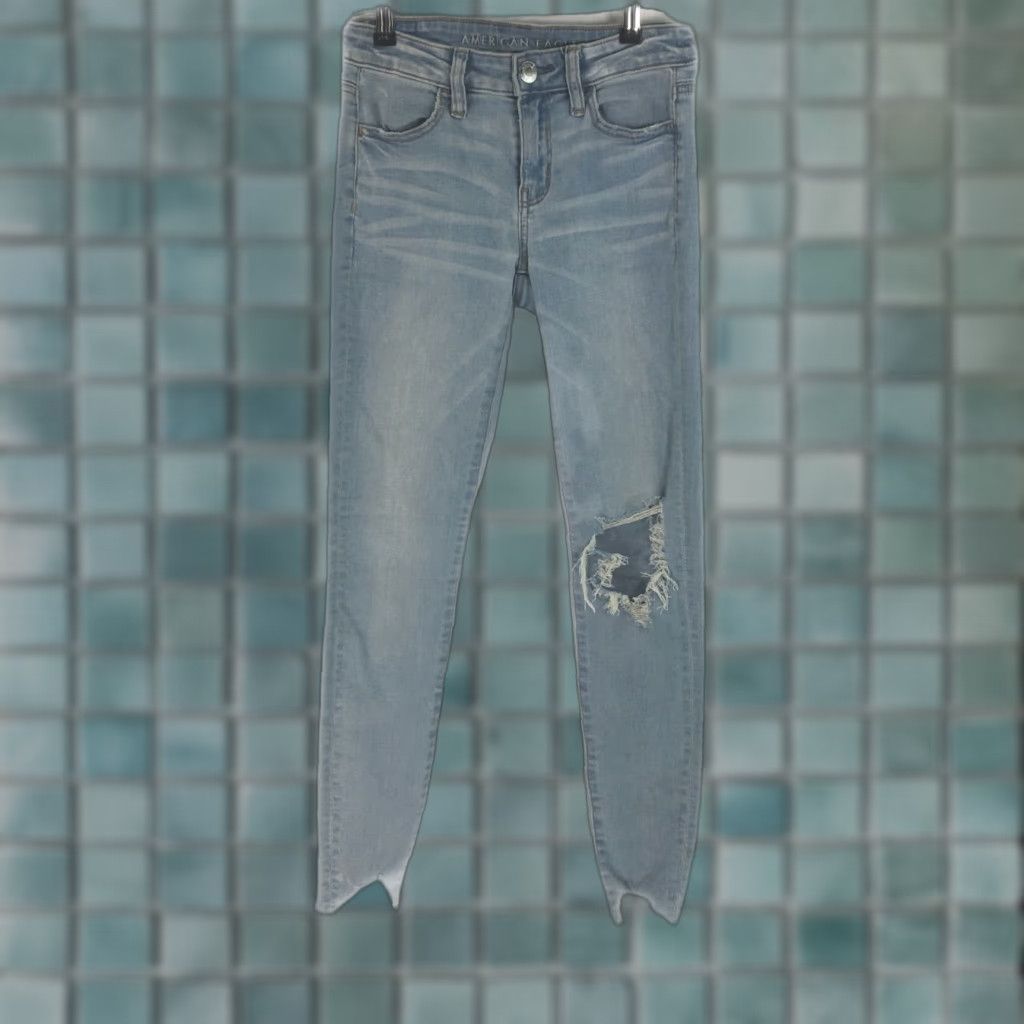 Vintage American Eagle Jeans Womens Distressed Blue Denim Jegging Super Stretch Size 0 Size 25" / US 0 / IT 36 - 1 Thumbnail