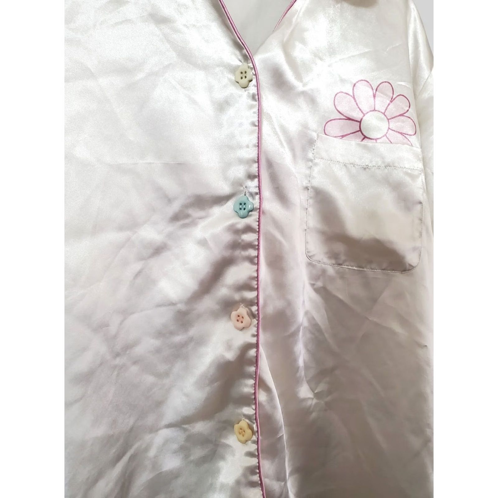 Vintage Lillian Lorow Satin Pajama Set Shirt Short Sleeve Button Up Pink Trim Womens Medium White Floral 90s Classic Lounge Set Size M / US 6-8 / IT 42-44 - 4 Thumbnail
