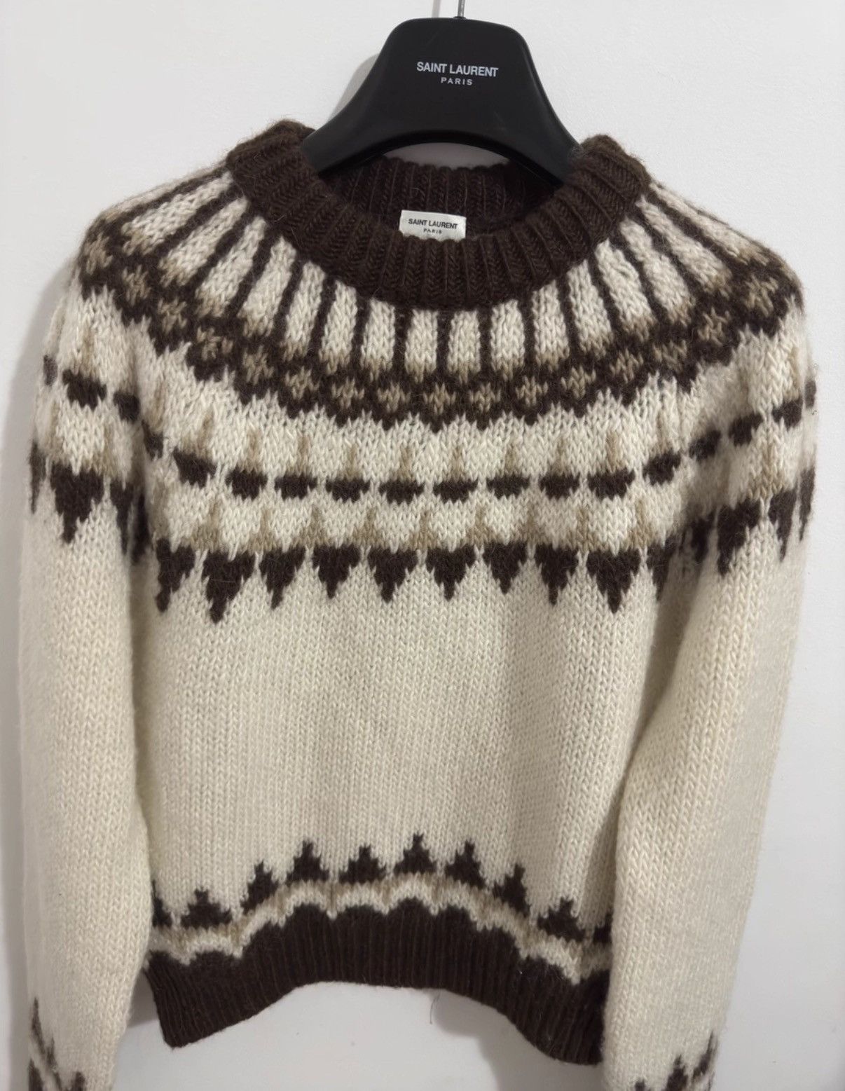 Saint Laurent Paris Saint Laurent Crewneck Cream/Brown Fair Isle Knit Sweater Size US L / EU 52-54 / 3 - 3 Thumbnail