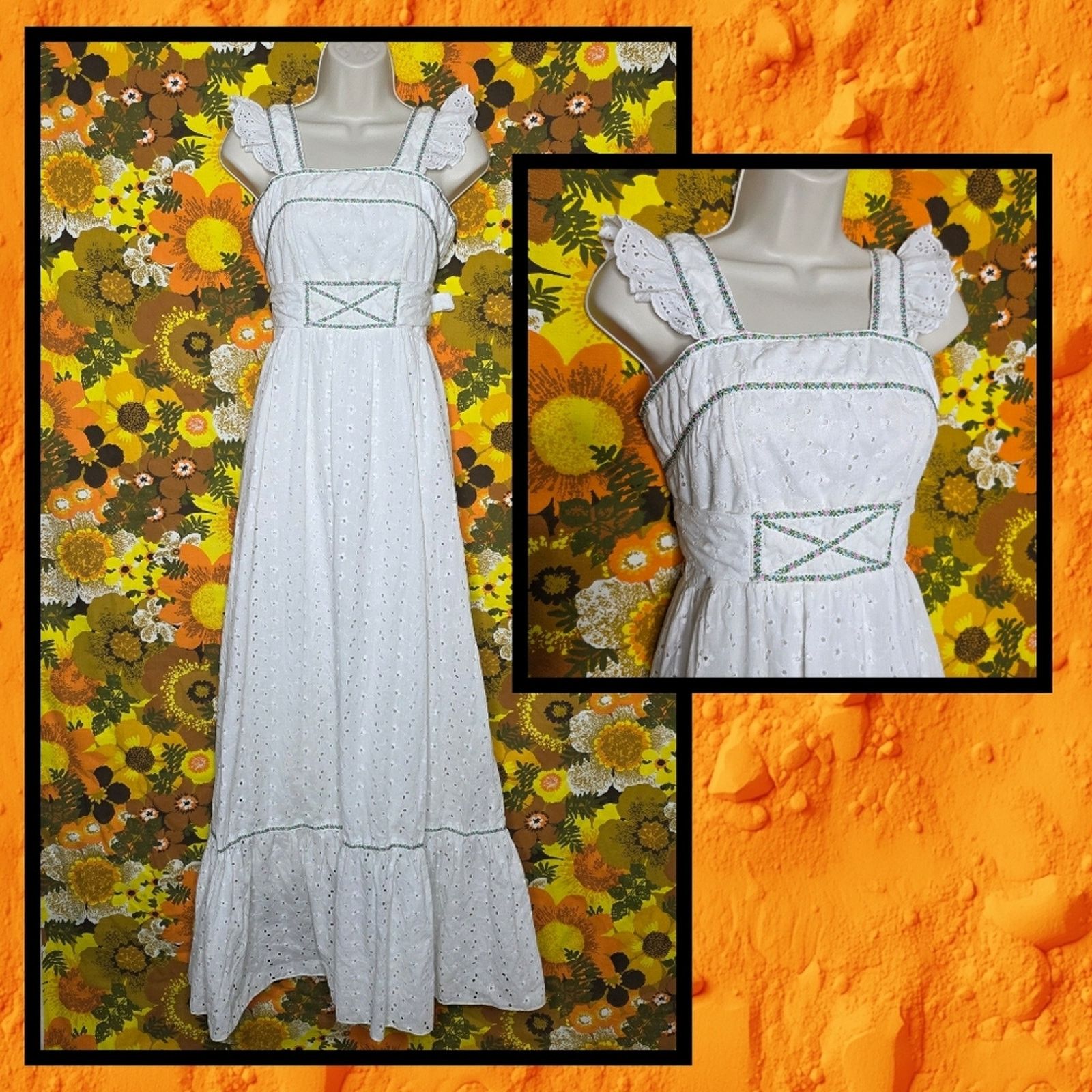 Vintage VTG Candi Jones California White Eyelet Prairie Maxi Dress Size XS / US 0-2 / IT 36-38 - 2 Thumbnail