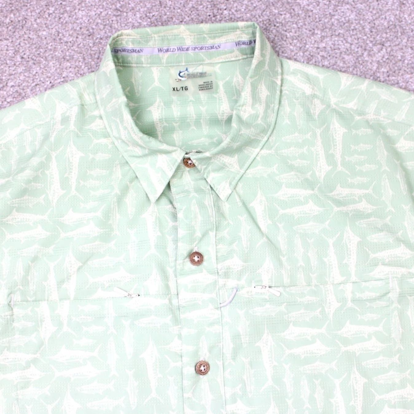 Vintage World Wide Sportsman AOP Shirt Mens XL Green Fish All Over Print Short Sleeve Button-Up Shirt Size US XL / EU 56 / 4 - 4 Thumbnail