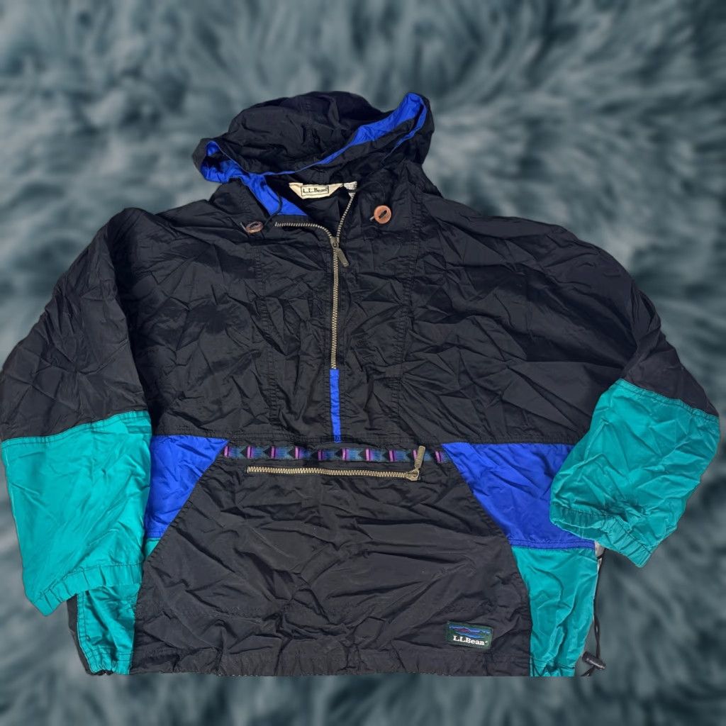 Vintage VINTAGE LL Bean Aztec Anorak Hoodie Windbreaker Jacket XL Unisex Adults Blue Green Black Nylon Size US XL / EU 56 / 4 - 1 Thumbnail