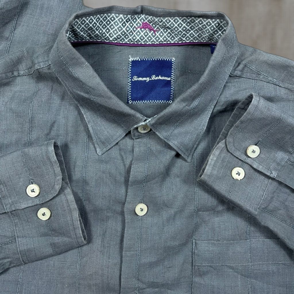 Tommy Bahama Tommy Bahama Shirt Men Large Gray Linen Button Up Relax Hawaiian Camp Pocket Mens Size US L / EU 52-54 / 3 - 1 Thumbnail