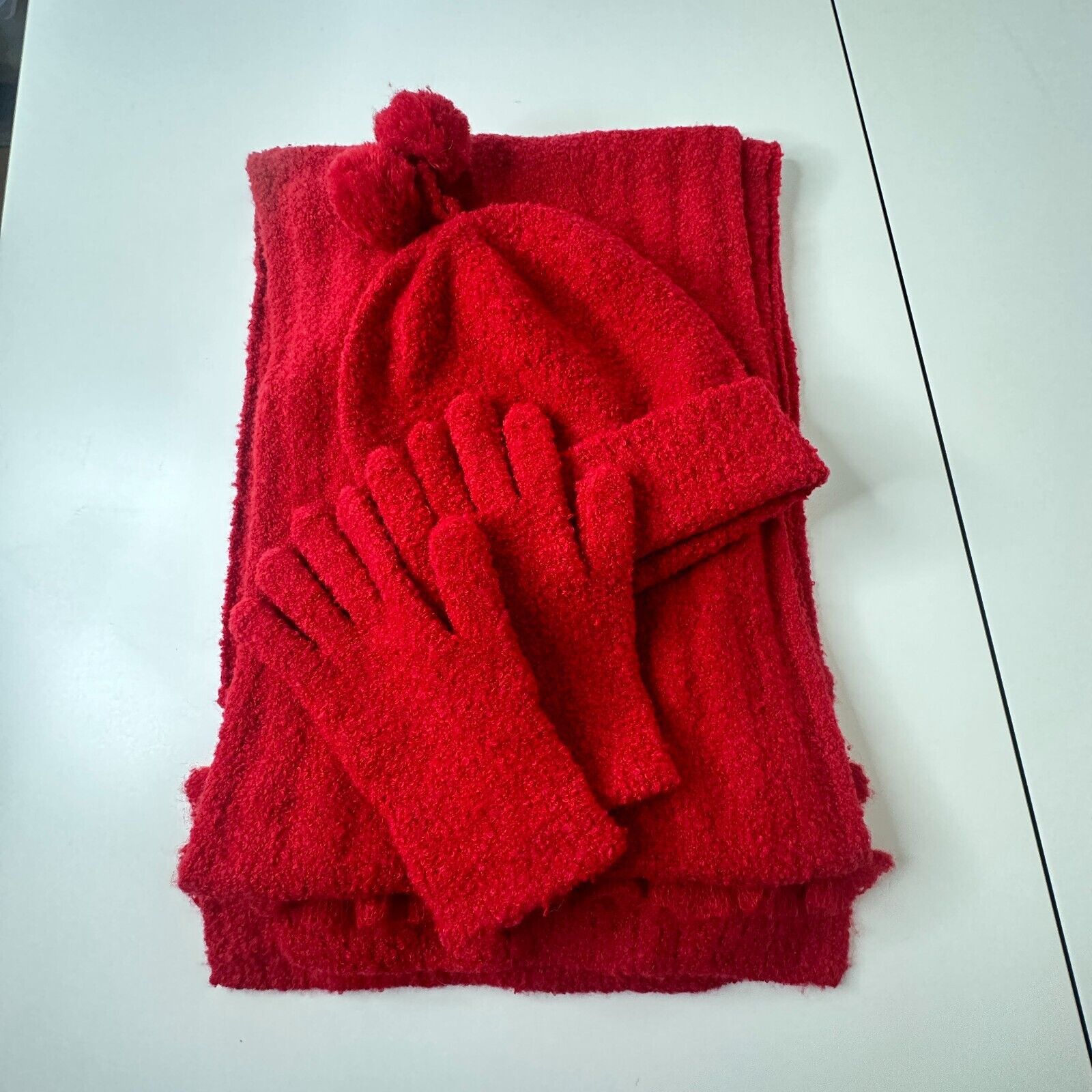Other NWOT Moda Intl Red Ribbed Hat Scarf Gloves Set Pom Poms OS Size ONE SIZE - 8 Thumbnail