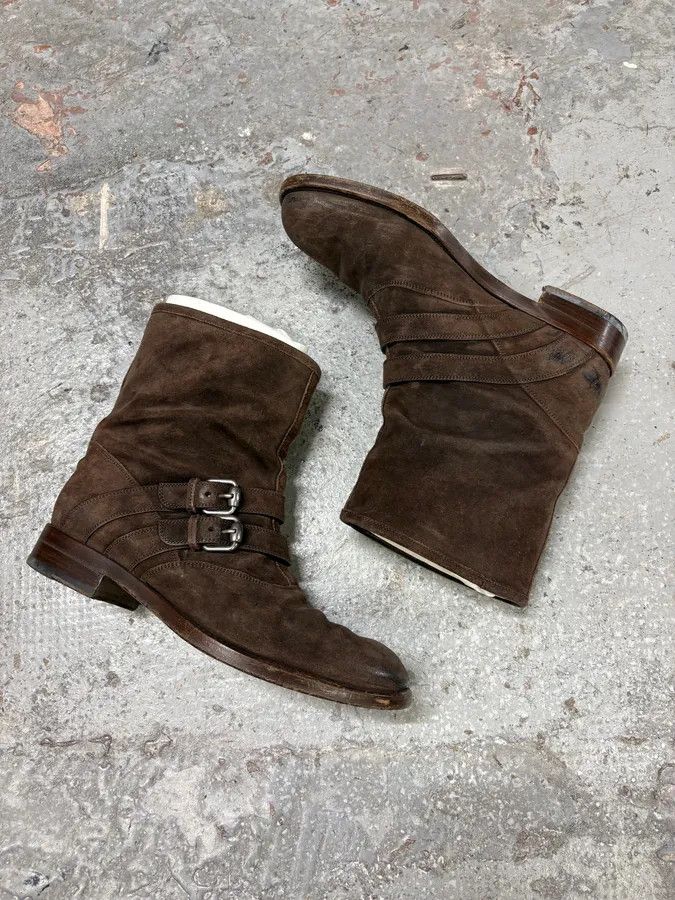 Gucci 2000s Gucci Brown Biker Buckles Ankle Eroded Suede Leather Boots Size US 7.5 / EU 40-41 - 6 Thumbnail