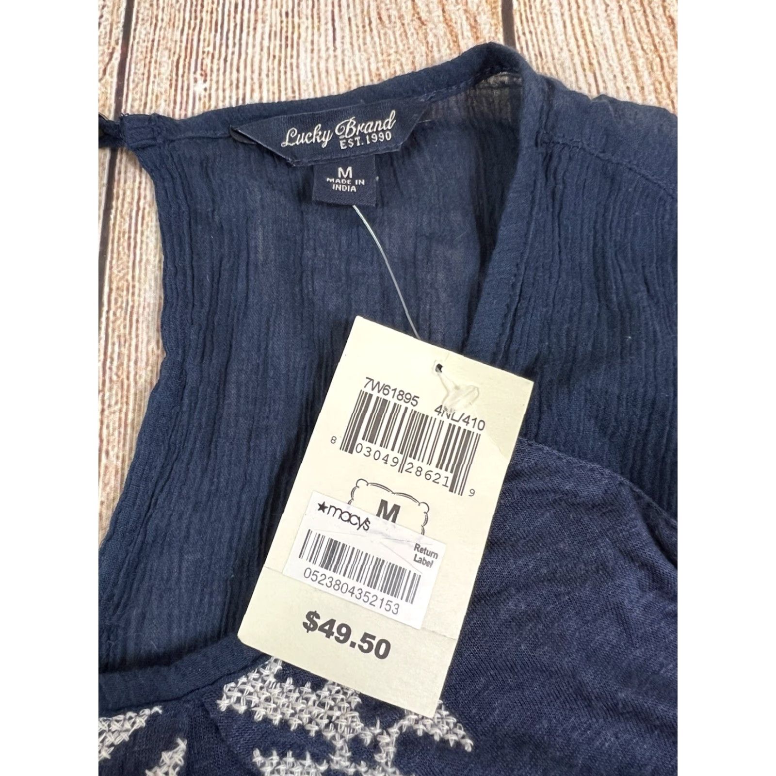 Lucky Brand NWT Lucky Brand Embroidered Geometric 3/4 Sleeve Blouse Blue Shirt M Women Size M / US 6-8 / IT 42-44 - 3 Thumbnail