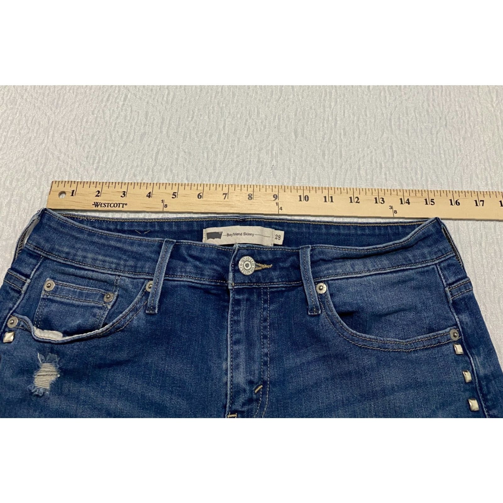 Levi's Levi's Jeans Boyfriend Slim 6 Womens 29x30 Blue Distressed Embellished 5-Pocket Design Denim Cotton Elastane Button Zip Mid Rise Men/Women? Size 29" - 7 Thumbnail