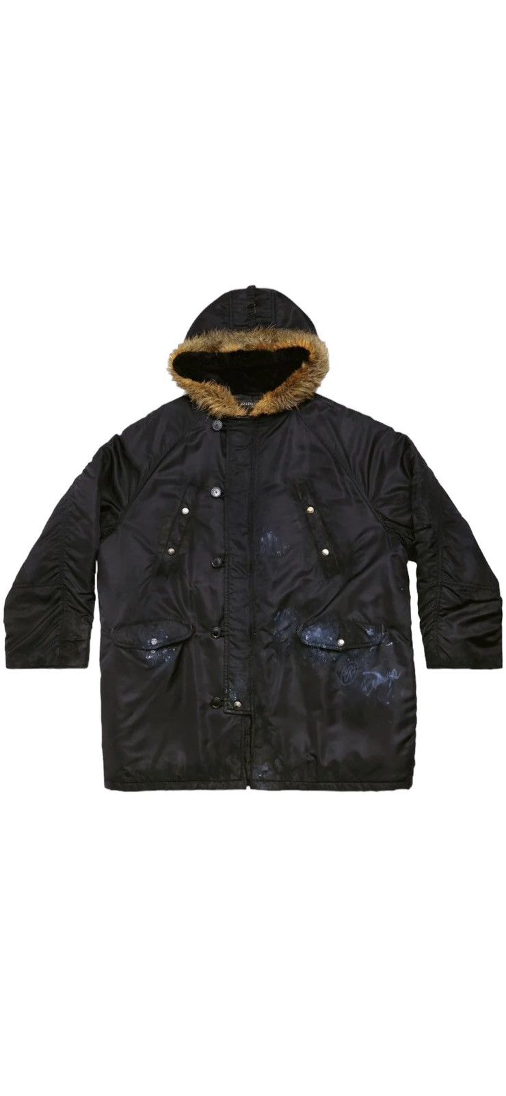 image of Balenciaga Black Splatter-Paint Parka Coat, Men's (Size Small)