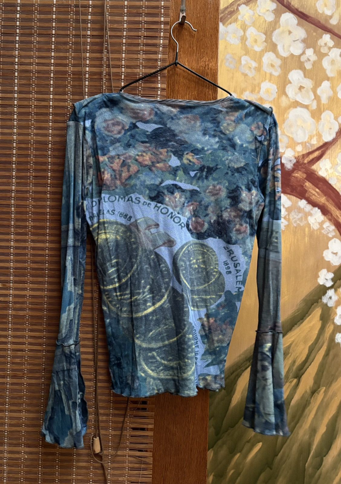 Vintage Y2K Mesh Flared Sleeve Money Coins Print V-Neck Ruffle Top Size L / US 10 / IT 46 - 2 Thumbnail