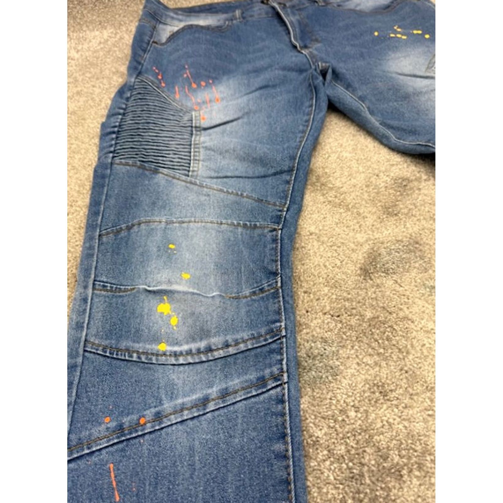 Vintage M Society Jeans Mens 36x32 Blue Denim Distressed Skinny Paint Splatter Ribbed Jeans Size US 36 / EU 52 - 6 Thumbnail