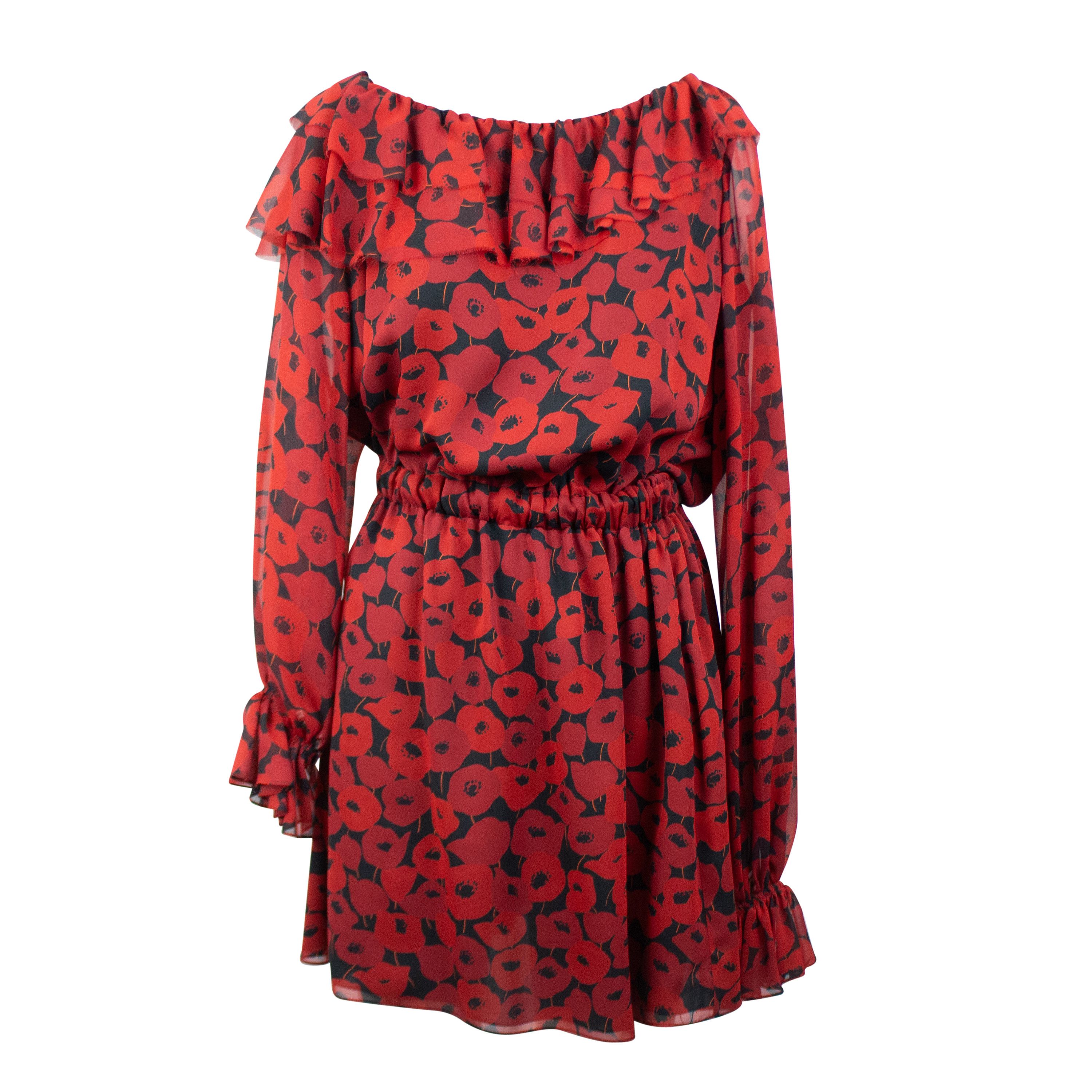 Saint Laurent Paris RED OFF SHOULDER FLORAL DRESS SIZE 40