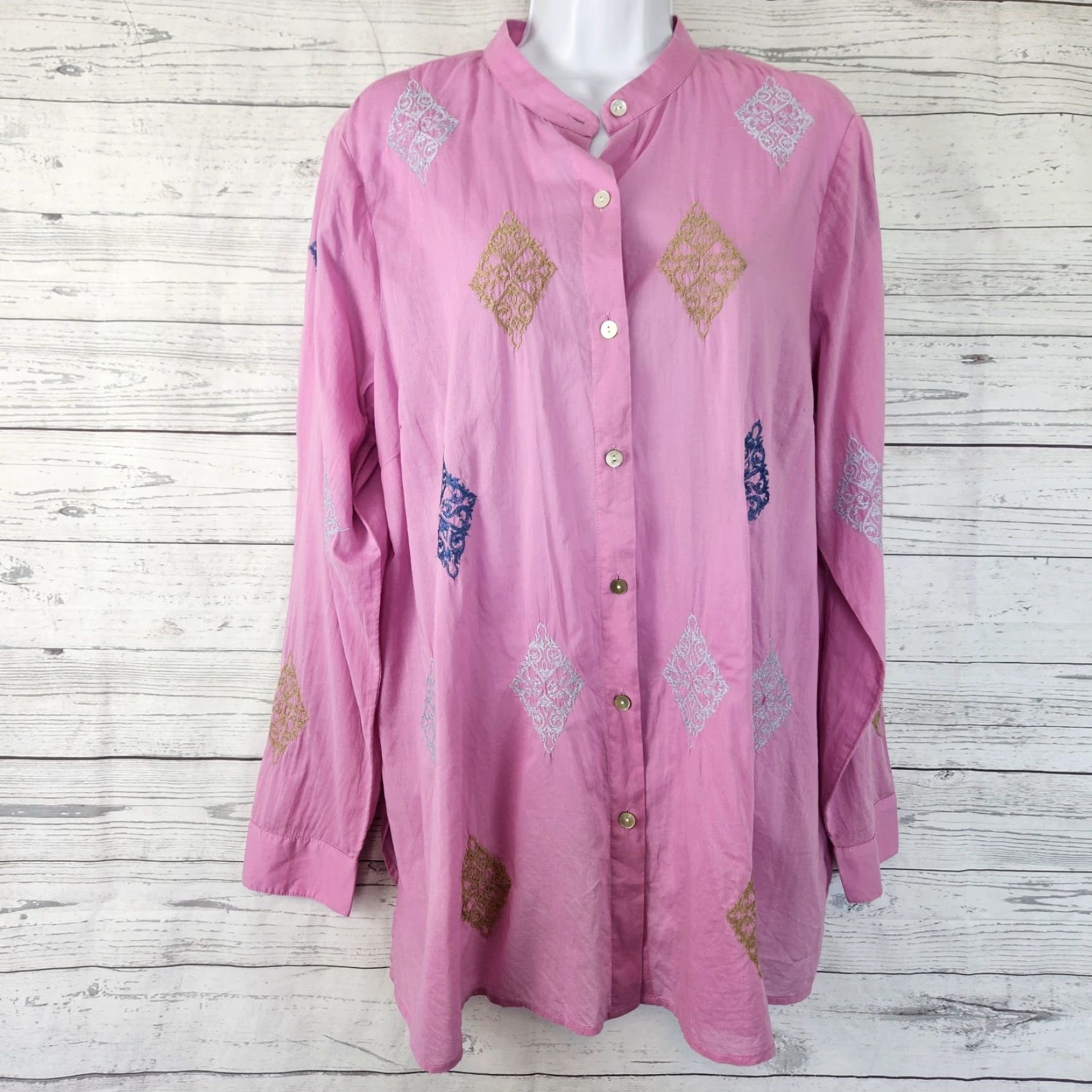 J. Jill J. Jill Button-Up Top Womens Embroidered Cotton Long Sleeve Pink Blue Sz M Size M / US 6-8 / IT 42-44 - 2 Thumbnail