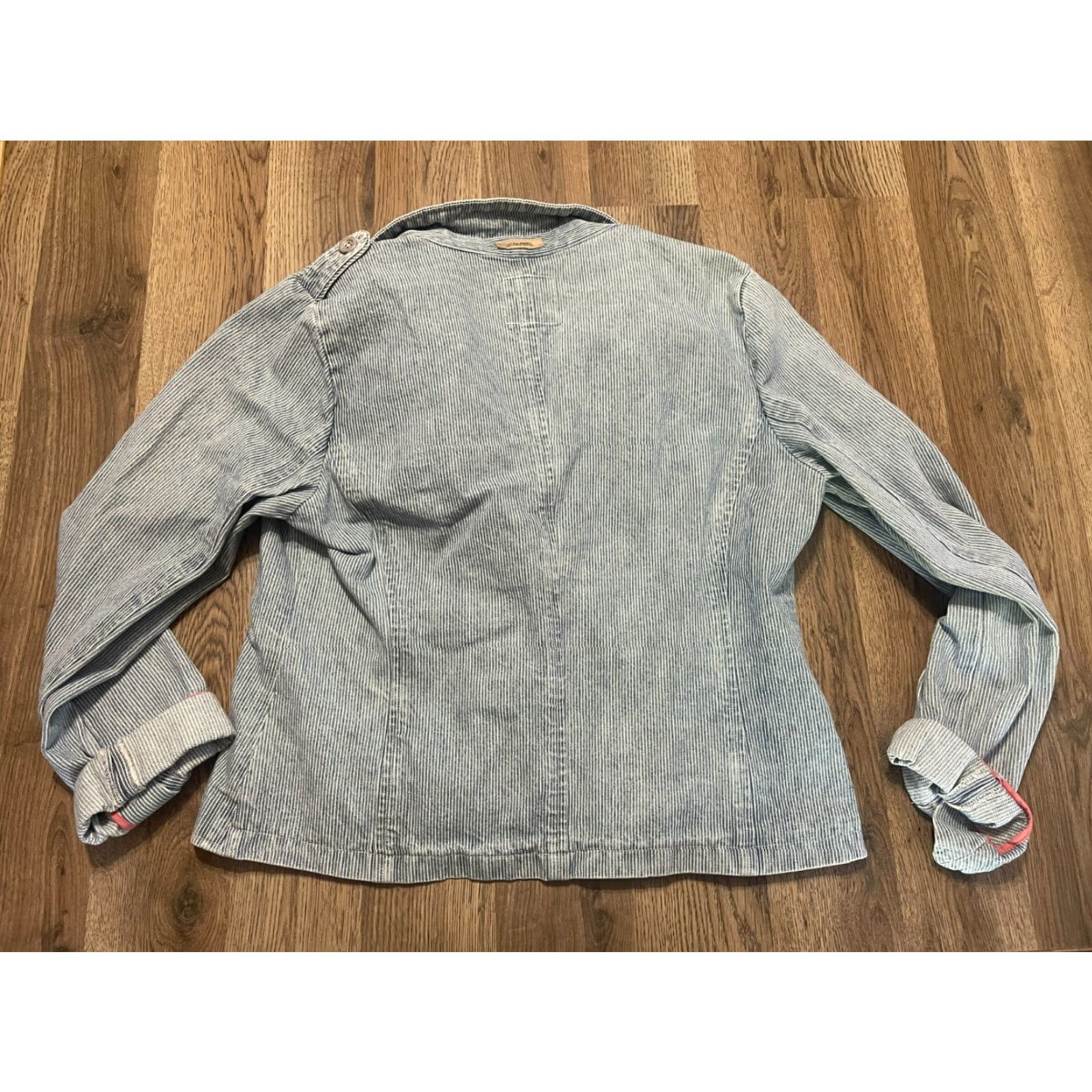 Vintage Ruff Hewn Jacket Women's Large Blue Striped Buttons Up Pockets Casual Fall Spring Summer Cotton Blend Size L / US 10 / IT 46 - 2 Thumbnail