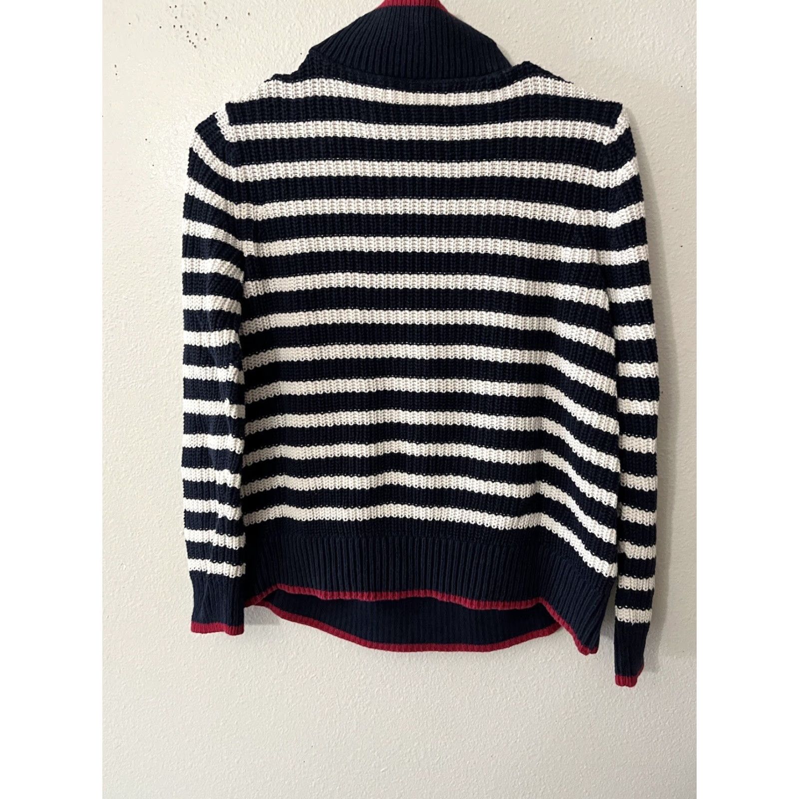 Loft LOFT Women’s Sweater - Cable Knit Mock Neck Button Drop - Striped Navy White Red - Sz Small - Womens Size S / US 4 / IT 40 - 2 Thumbnail