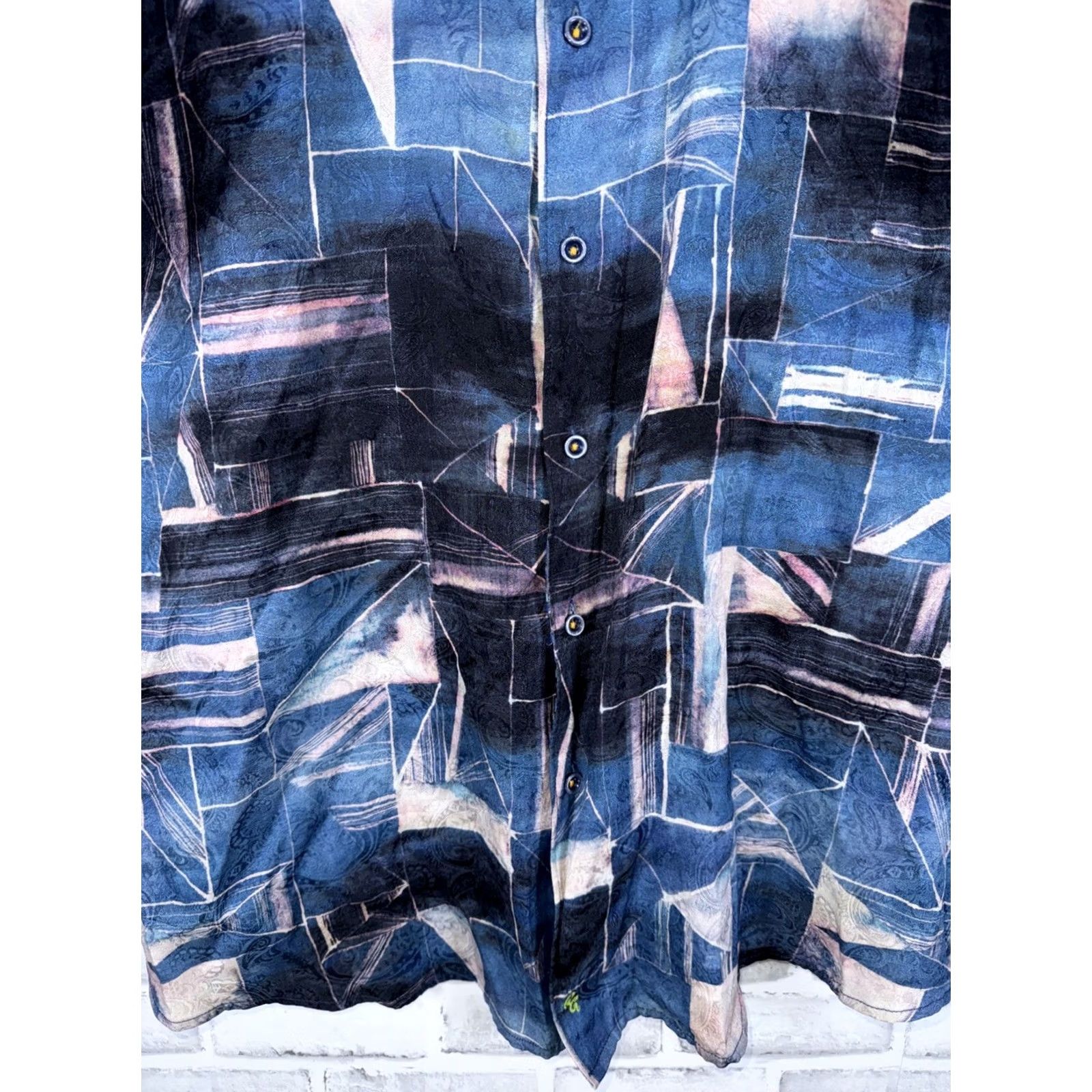 Robert Graham Robert Graham Silk Blend Geometric Print Button-Up Shirt Mens 2XL Short Sleeve Blue Classic Fit Size US XXL / EU 58 / 5 - 4 Thumbnail