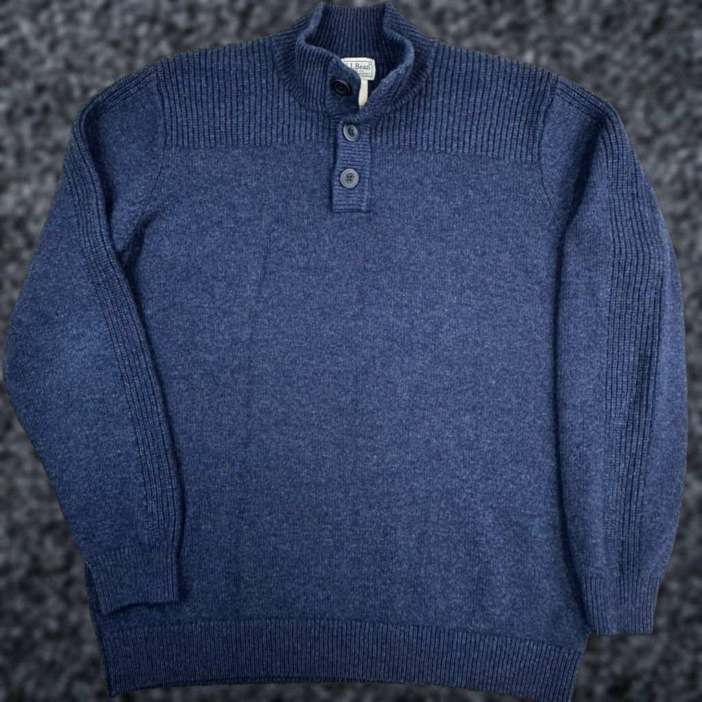 LL Bean Ragg Sweater Mens XL Tall Navy Lambswool Button Henley Knit Pullover