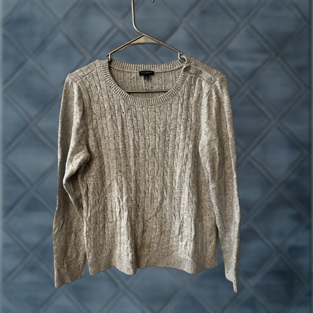 Talbots Talbots Womens Gray Sweater Large Cotton Cable Knit Round Neck Shoulder Button Pullover Size L / US 10 / IT 46 - 1 Thumbnail