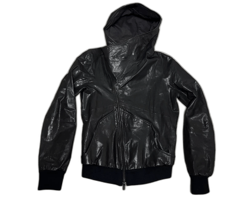 Emporio Armani Black Deconstructed Hooded Leather Jacket Size XL / US 12-14 / IT 48-50 - 1 Thumbnail