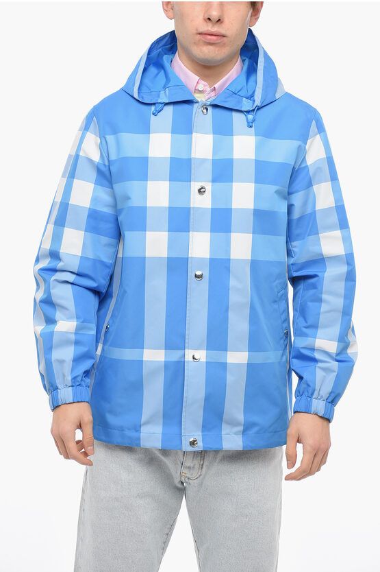 image of Burberry Hooded Windbreaker Jacket With Check Pattern in Blue, Men's (Size Small)
