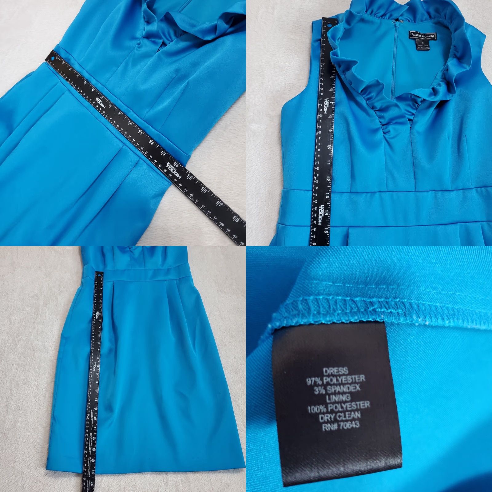 Vintage Jessica Howard Womens Dress 6 Blue Satin Knee Length Sleeveless Back Zip Ruffle Size M / US 6-8 / IT 42-44 - 8 Thumbnail
