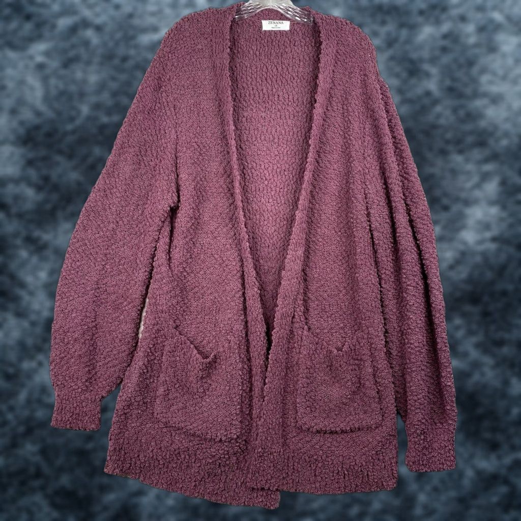 Vintage Zenana Outfitters Cardigan Sweater Womens 1X Teal Popcorn Knit Open Front Pockets Ribbed Thigh-Length Casual 80s Classic Outdoor Balloon Sleeve Size XL / US 12-14 / IT 48-50 - 1 Thumbnail