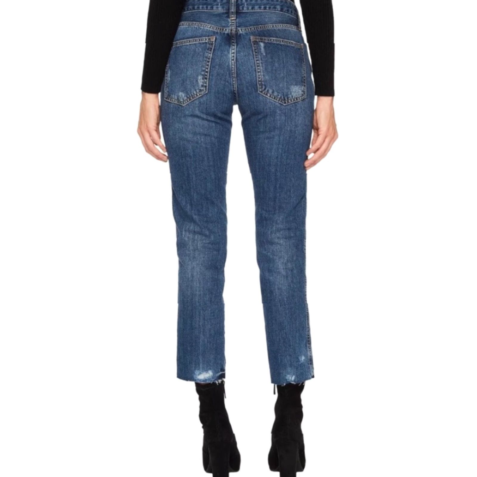 Free People We The Free Slim Boyfriend Distressed Raw Hem Jeans 27 Blue 100% Cotton Womens Regular Jeans 26.5 Inseam Size 27" / US 4 / IT 40 - 2 Thumbnail