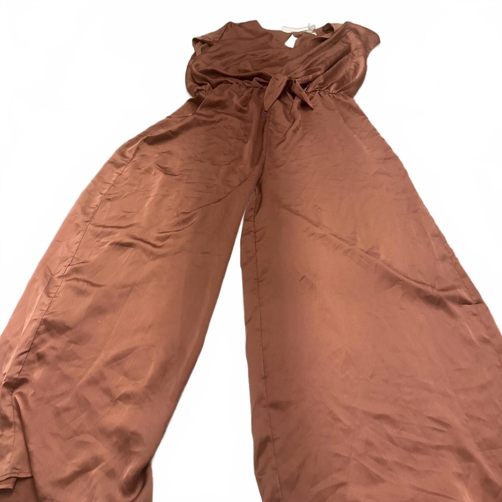 Designer She+Sky NWT Chic Brown Satin Jumpsuit with Tie Waist Size ONE SIZE - 1 Thumbnail