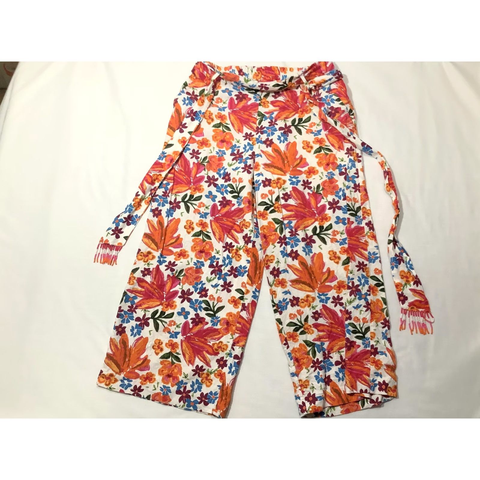 Joie Joie Pants Womens 8 Multicolor Floral Linen Blend Wide-Leg Crop Beaded Tassel Belted Pockets Boho 90s? Size 30" / US 8 / IT 44 - 2 Thumbnail