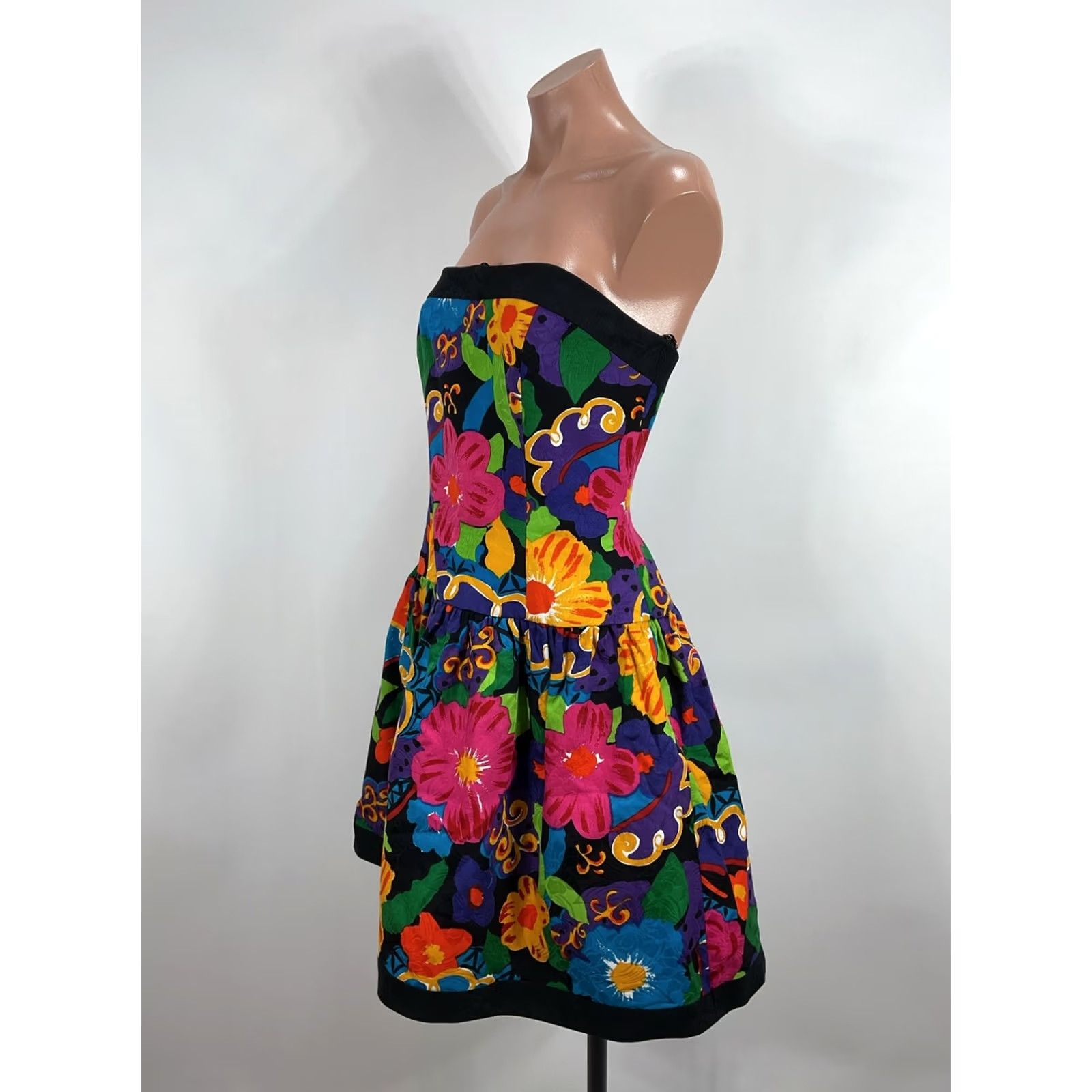 Vintage Vtg A.J. Bari Black Floral Print Cotton Strapless Fit Flare Dress Sz 14 NWT 90s Size XL / US 12-14 / IT 48-50 - 7 Thumbnail