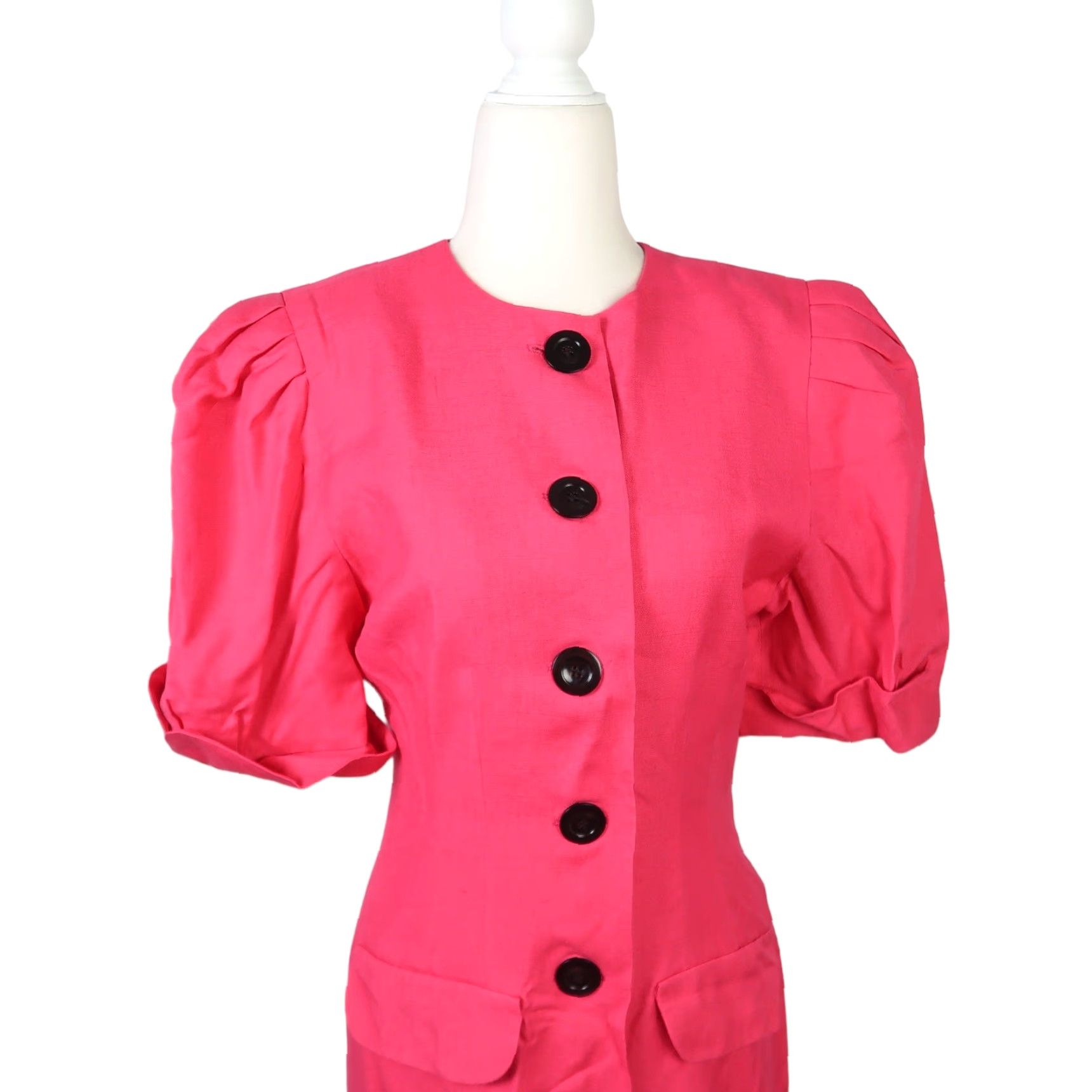 Vintage VINTAGE Nipon Boutique Pencil Dress Shirt Linen Blend Knee Length 6 Pink 80s Womens Short Puff Sleeve Button Front Size M / US 6-8 / IT 42-44 - 2 Thumbnail