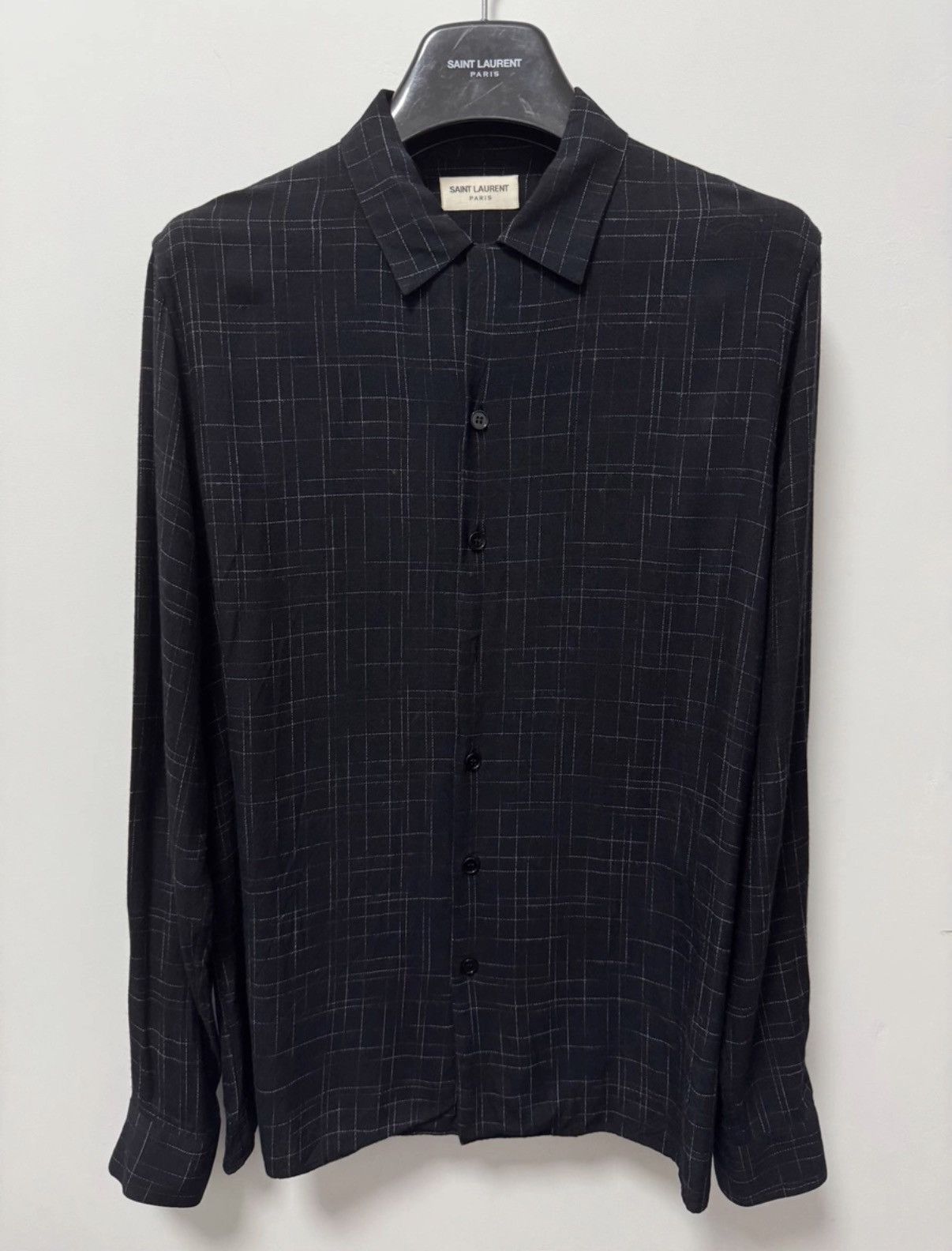 Saint Laurent Paris SLP) 14FW Runway Cuban Collar Silk Black Slub Texture Shirt Size US L / EU 52-54 / 3 - 1 Thumbnail