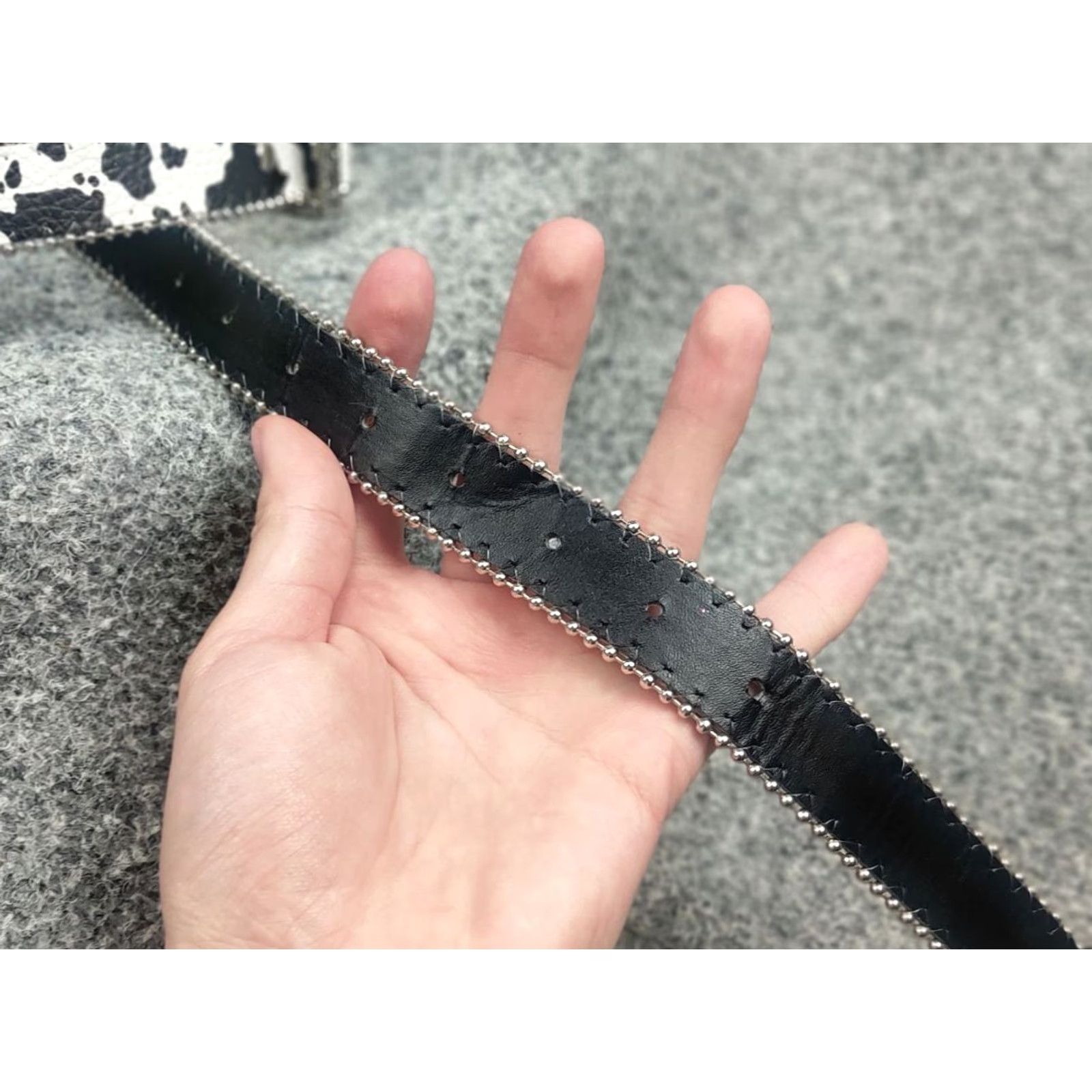 Logo 7 VINTAGE Hysteric Japan style Y2K Metal Logo Black Cow Print Leather Belt Women One Size Adjustable Studded Pattern Animal Print 90s Logo Vintage Belt Size ONE SIZE - 7 Thumbnail