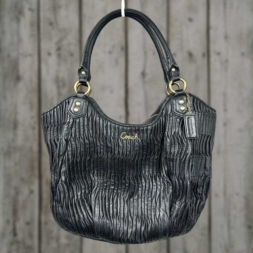 Coach Ashley Large Leather Shoulder Bag Tote Handbag Black F23928 With Ruffle Accents For Women