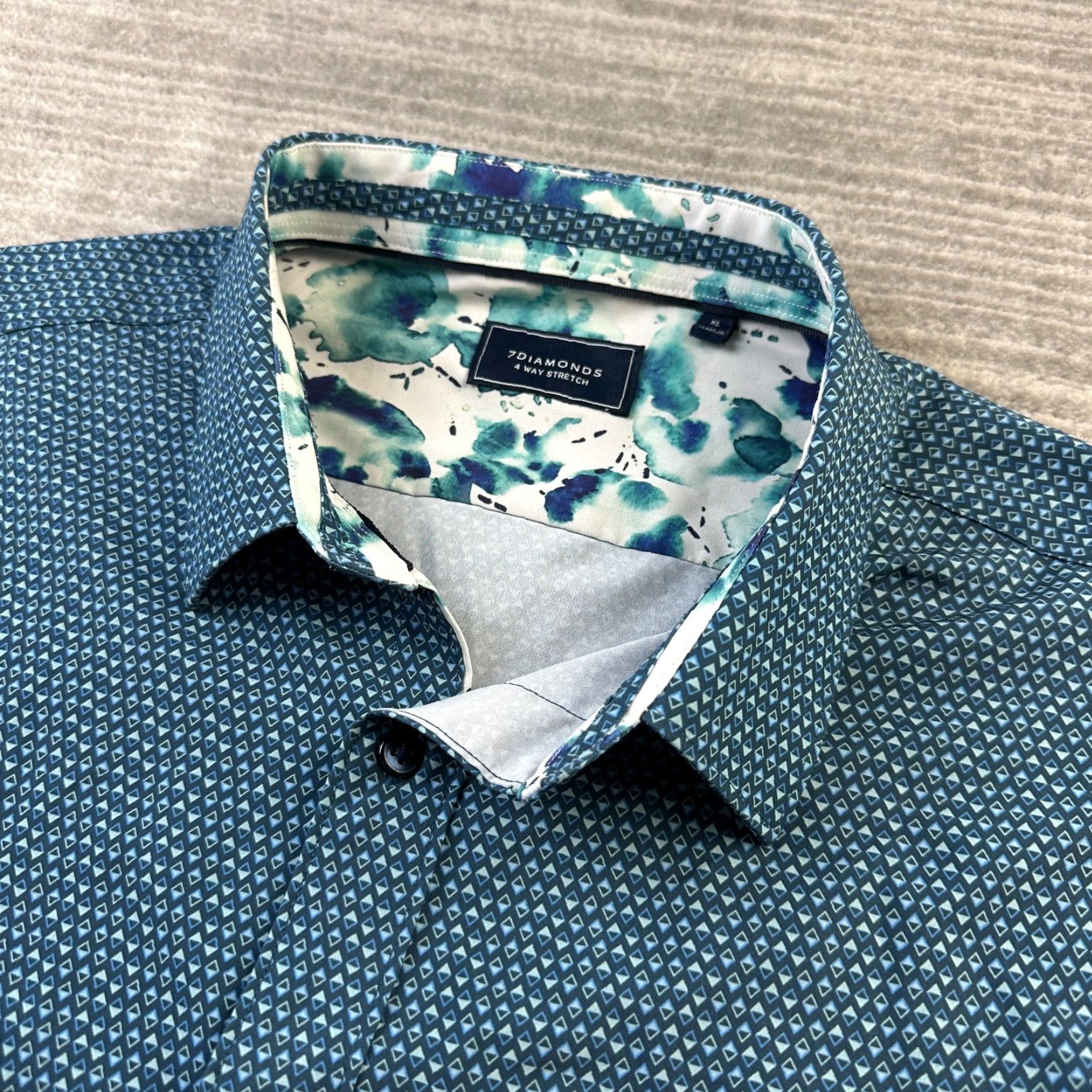 Vintage 7 Diamonds Shirt Mens XL Blue 4 Way Stretch Button Up Geometric Flip Sleeve Size US XL / EU 56 / 4 - 2 Thumbnail
