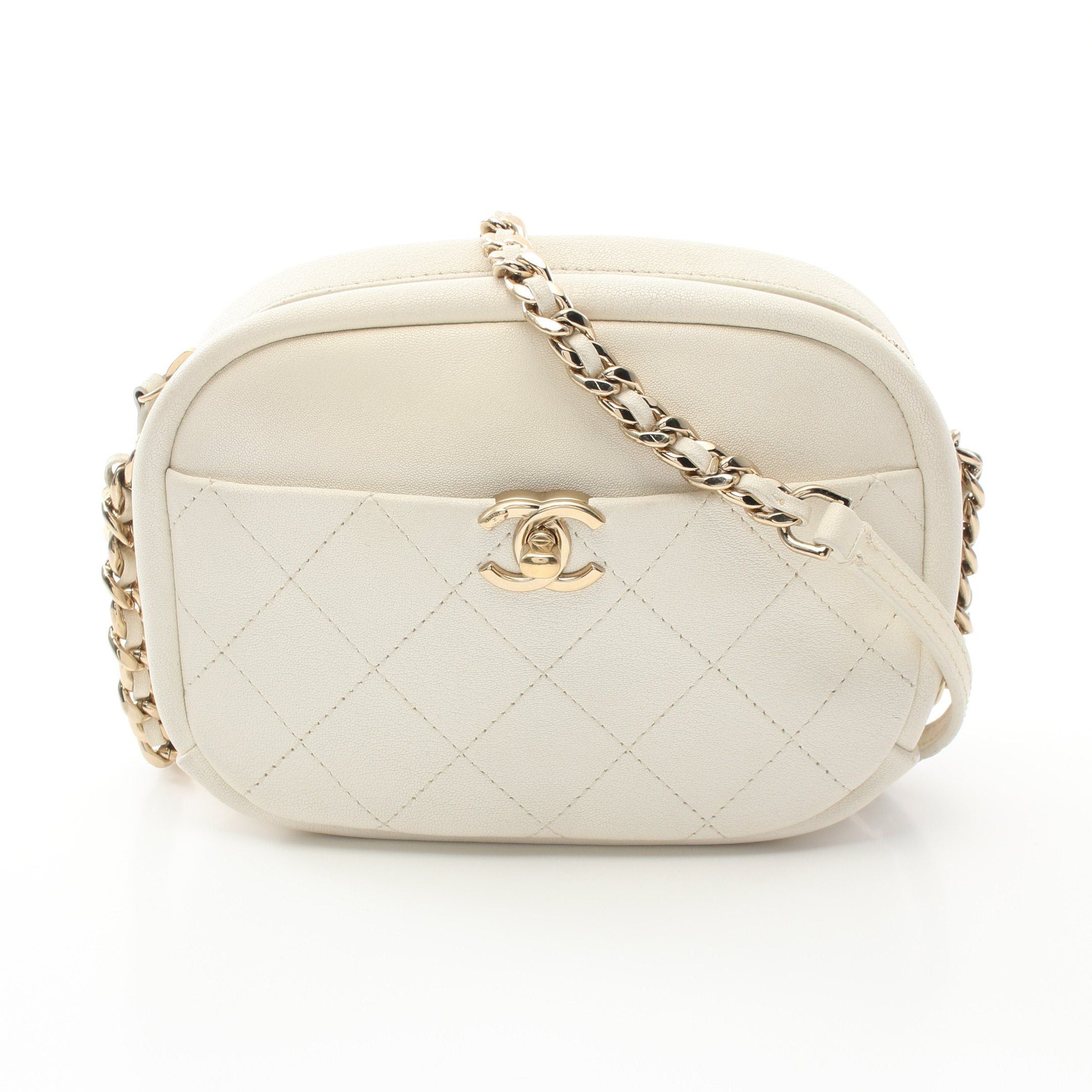 Chanel Chain Shoulder Bag Leather Off White Gold Hardware