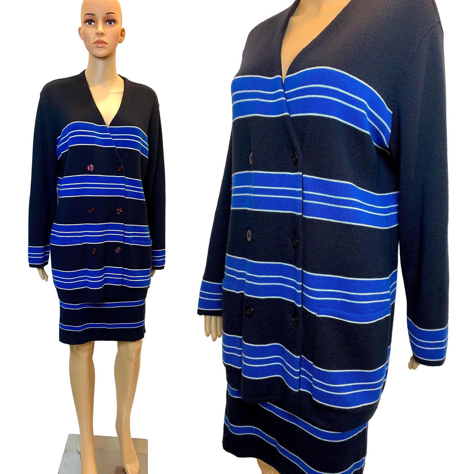Vintage 80s RODIER Dark Blue Knit Skirt Suit | Oversized Cardigan Size M / US 6-8 / IT 42-44 - 4 Thumbnail