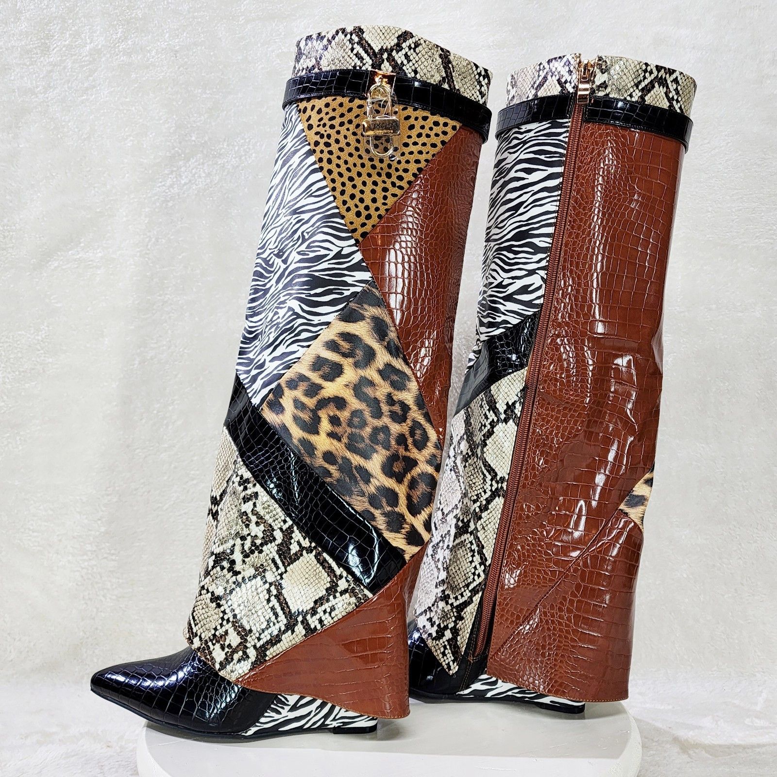 Other Forbidden Multi Animal Print Skirted Fold Over Wedge Heel Kn Size US 7 / IT 37 - 2 Thumbnail