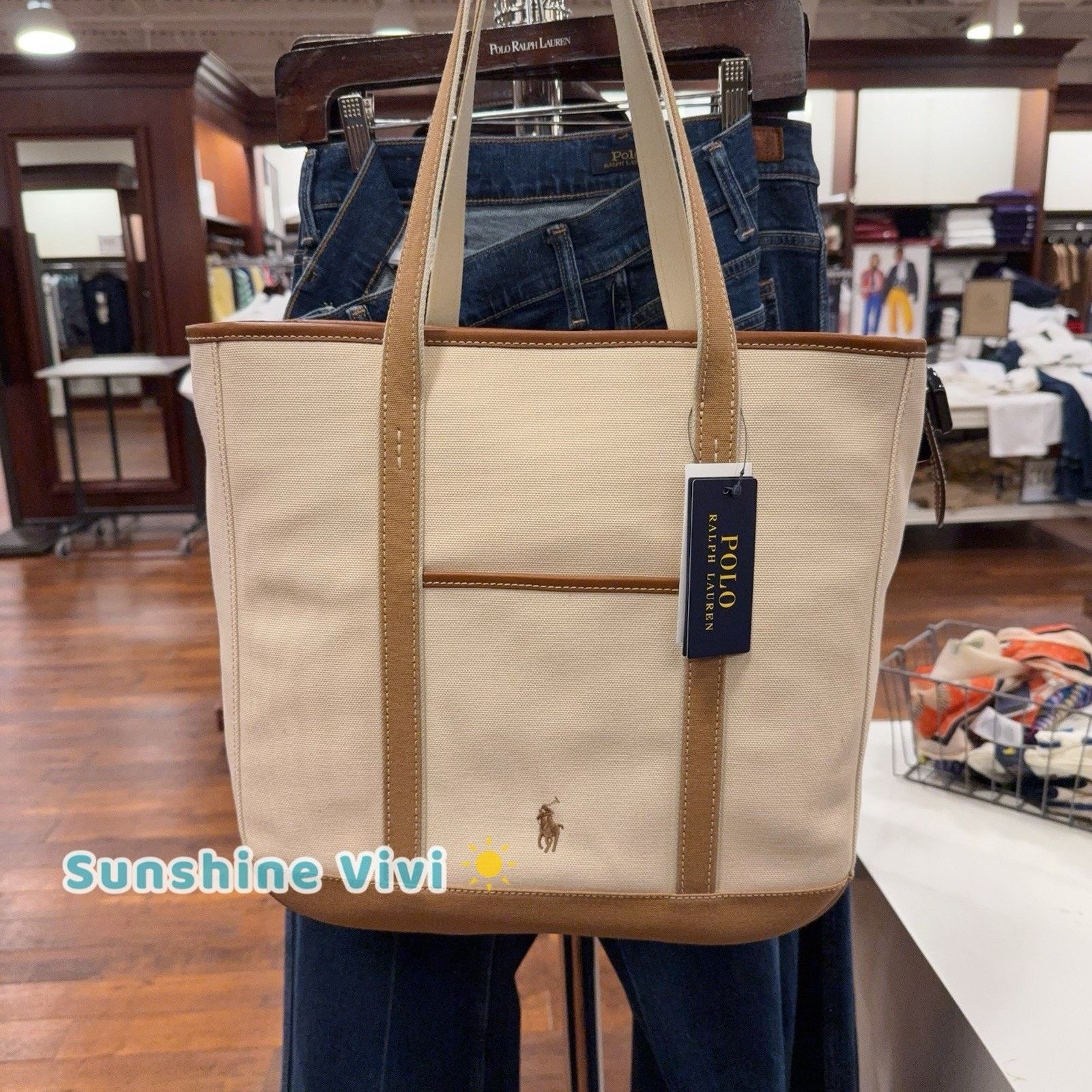 Lauren Ralph Lauren NWT Polo Ralph Lauren Leather-Trim Canvas Tote Ecru/Cuoio Size ONE SIZE - 7 Thumbnail